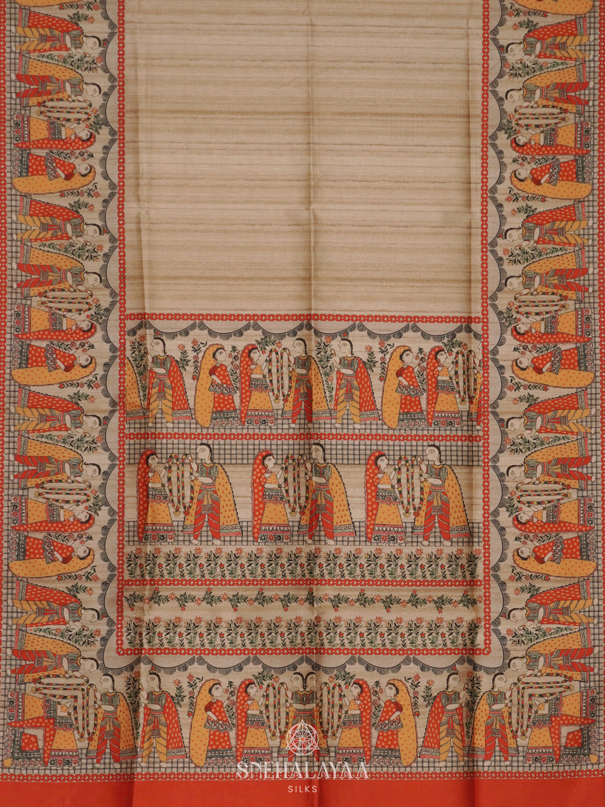 Beige Printed Madhubani Saree