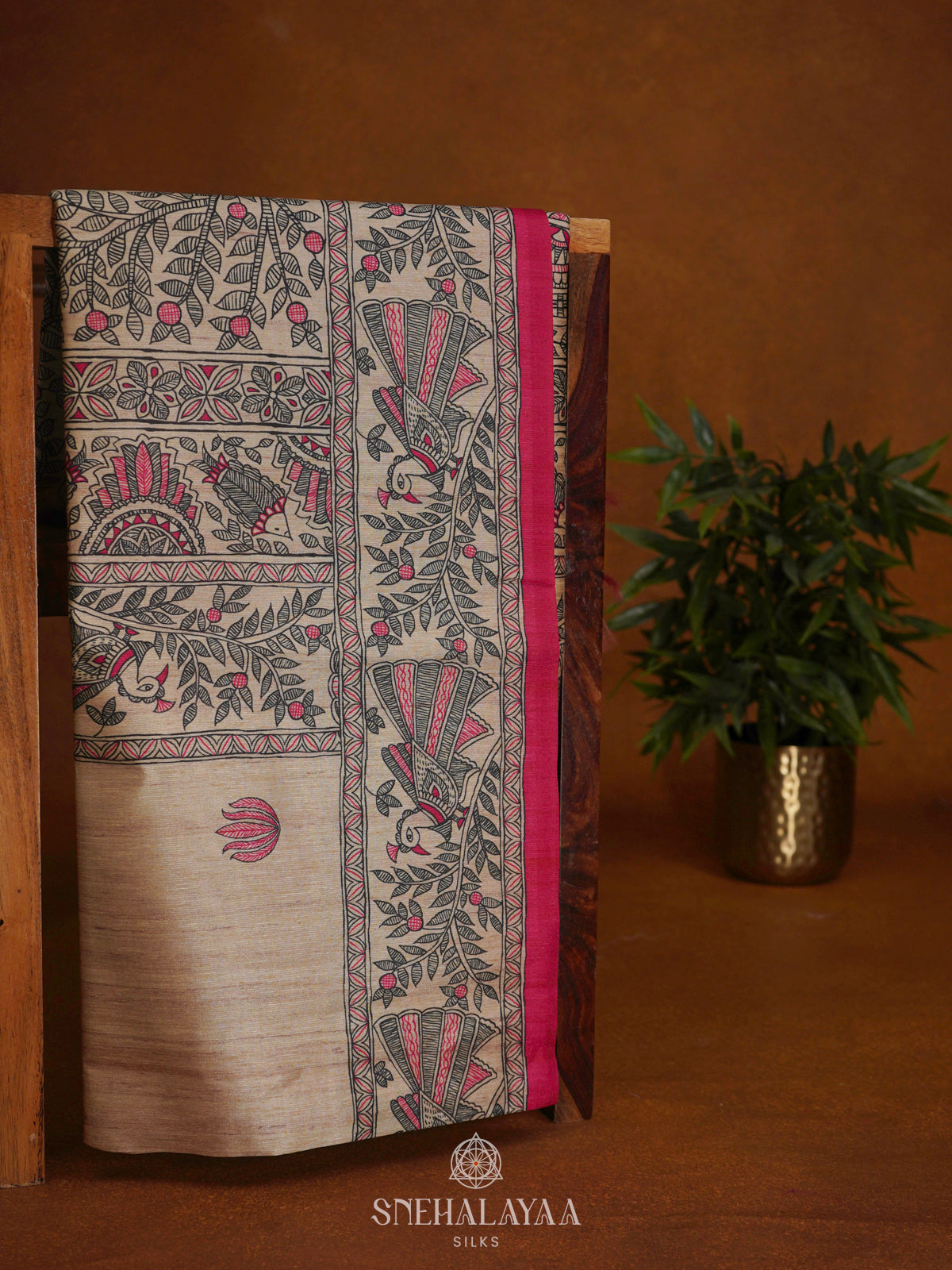 Beige with Pink Border Printed Madhubani Saree