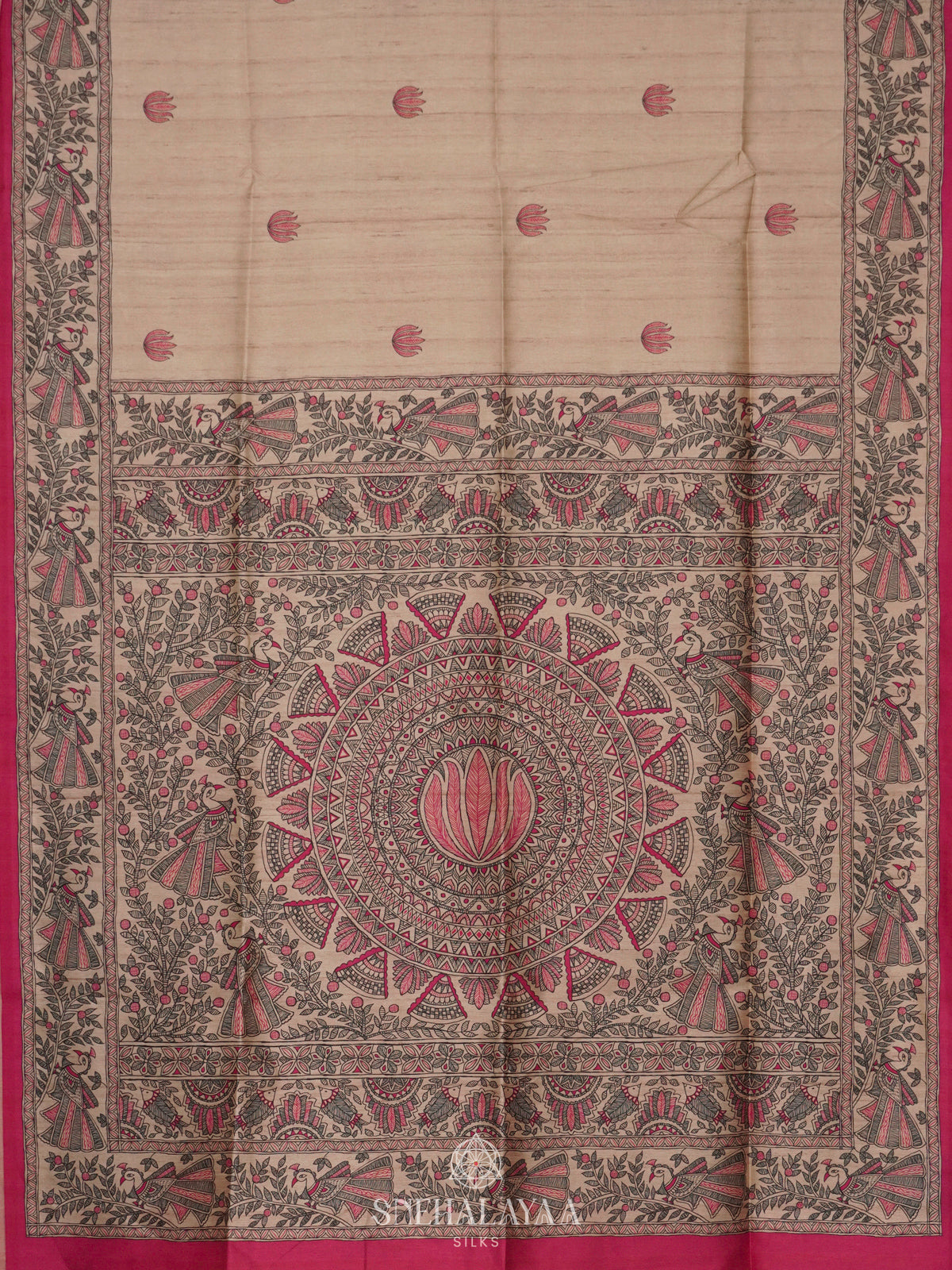 Beige with Pink Border Printed Madhubani Saree