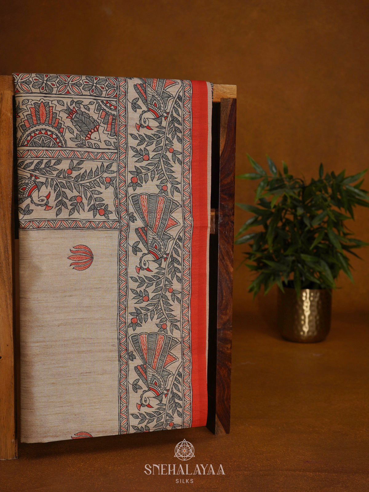 Beige with Red Border Printed Madhubani Saree