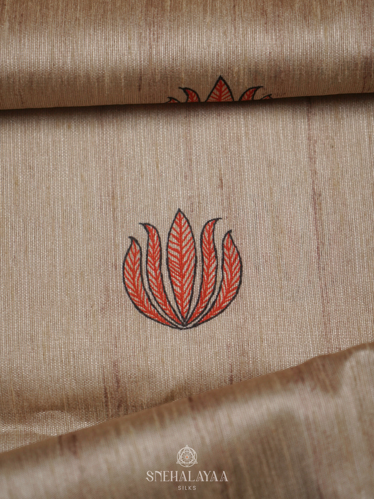 Beige with Red Border Printed Madhubani Saree