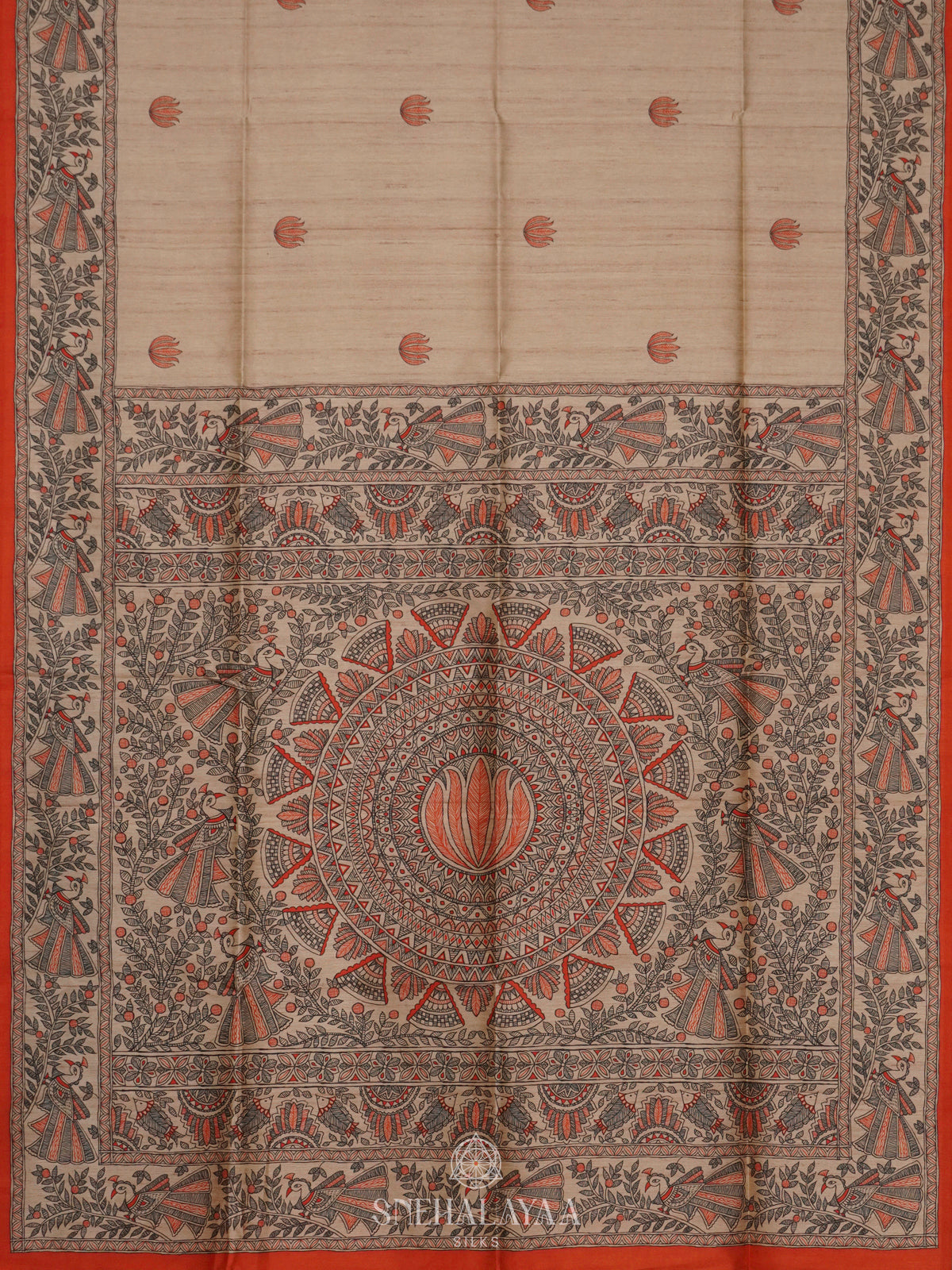 Beige with Red Border Printed Madhubani Saree