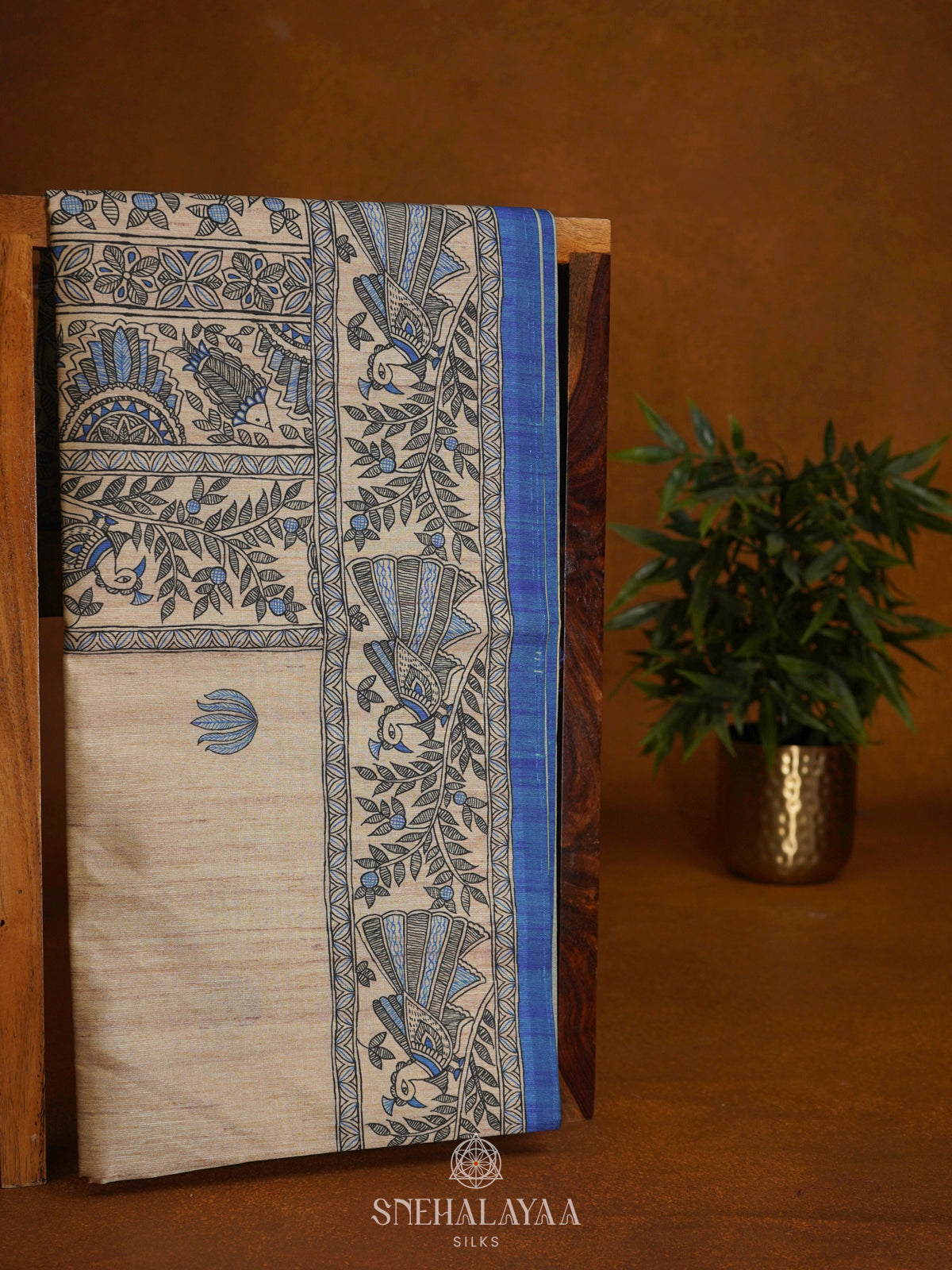 Beige with Blue Border Printed Madhubani Saree