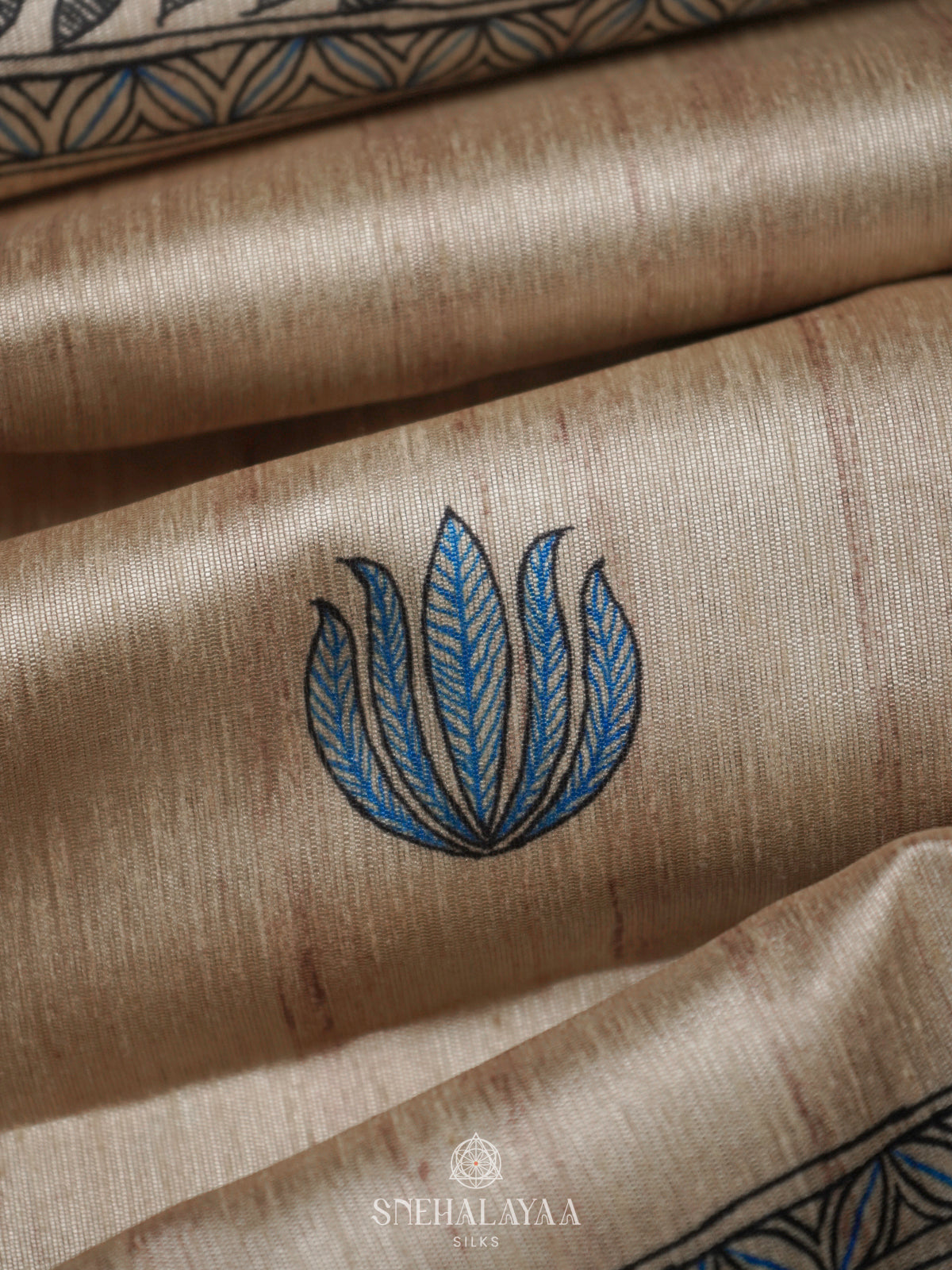 Beige with Blue Border Printed Madhubani Saree
