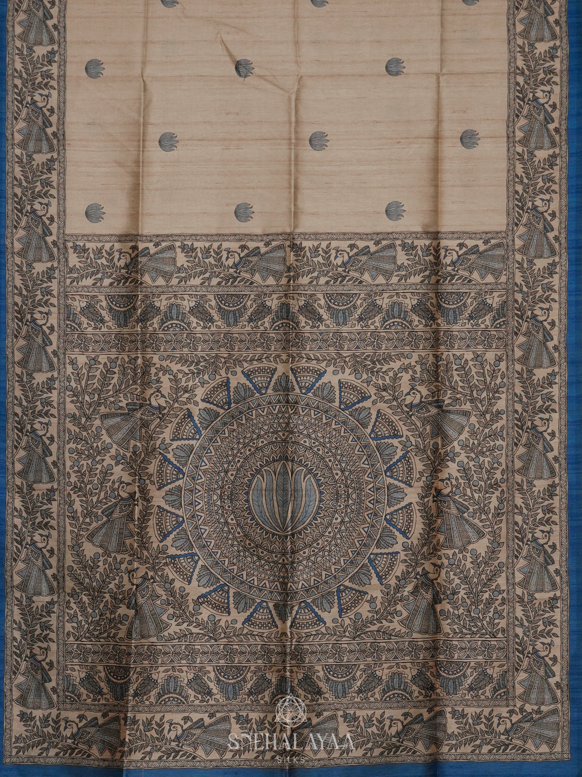 Beige with Blue Border Printed Madhubani Saree