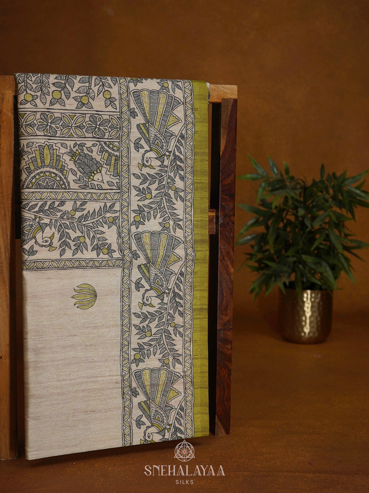 Beige with Lime Green Border Printed Madhubani Saree