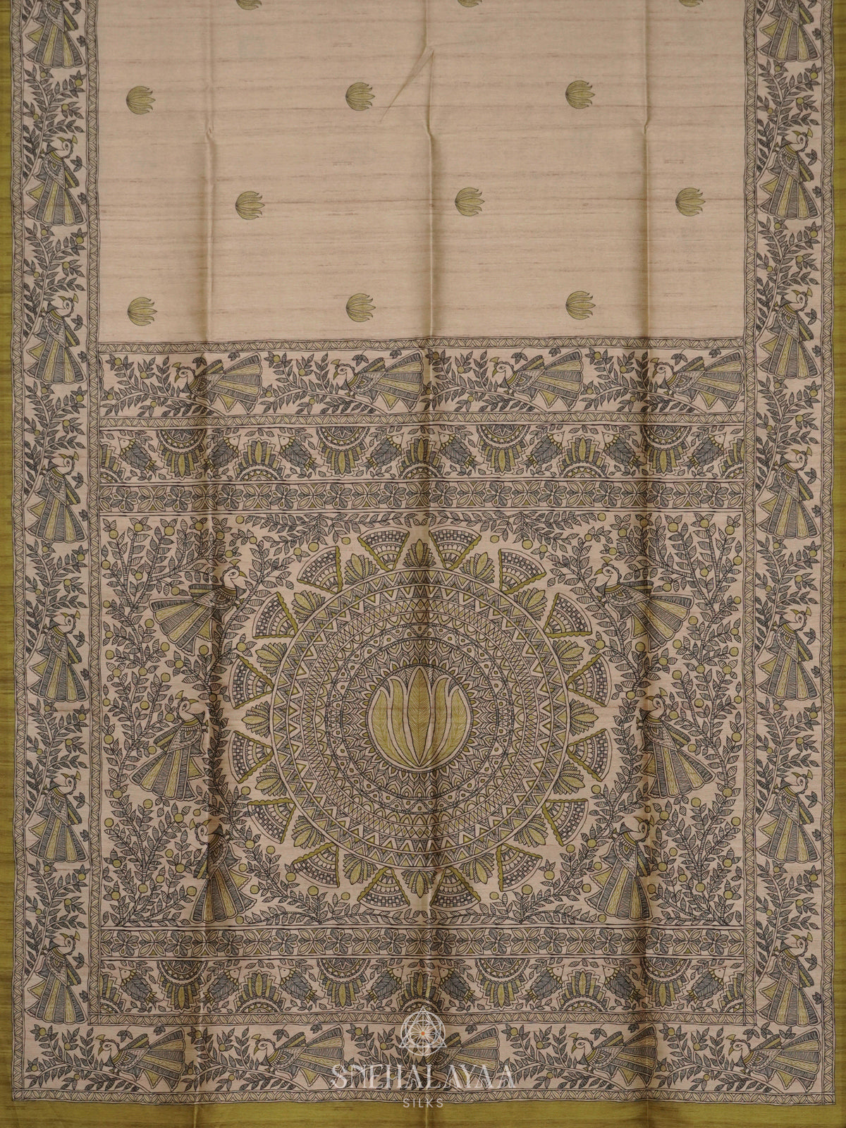 Beige with Lime Green Border Printed Madhubani Saree