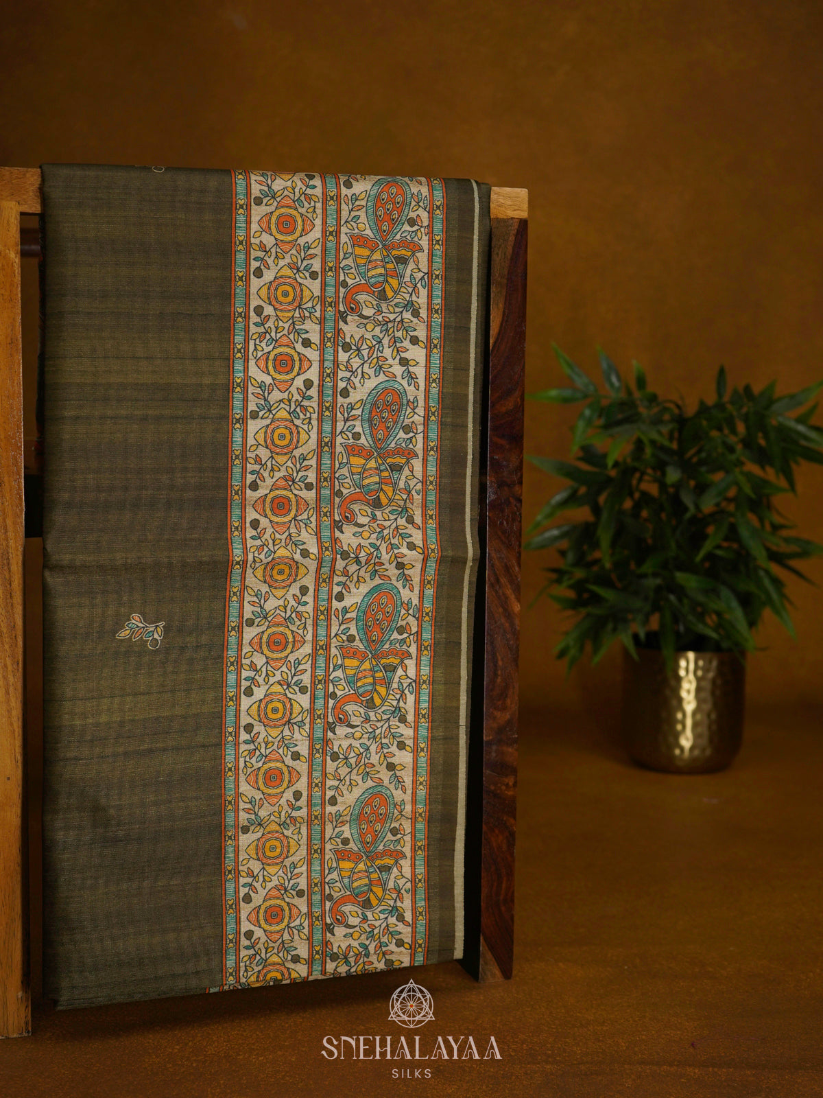 Olive Green Printed Madhubani Saree
