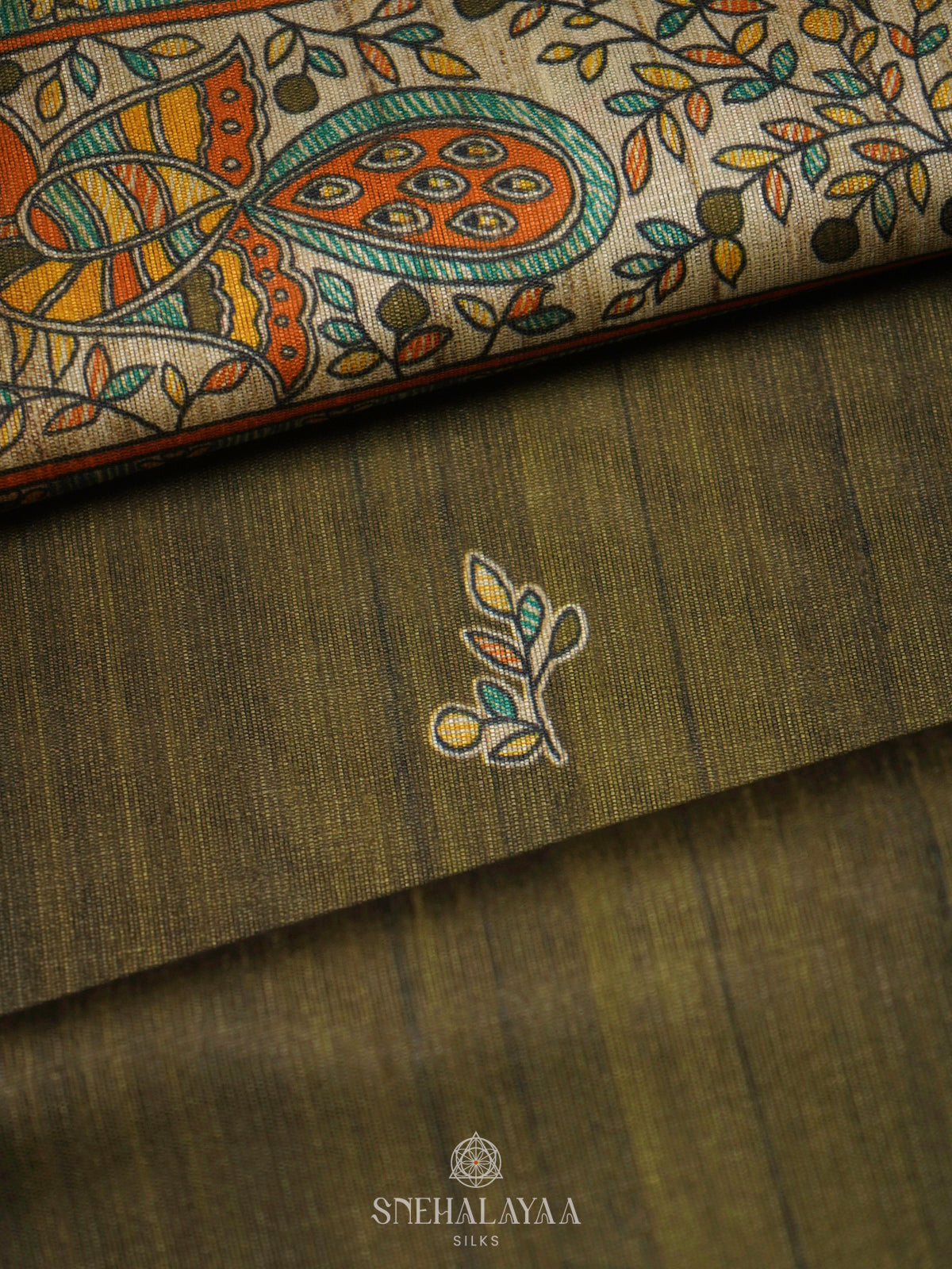 Olive Green Printed Madhubani Saree