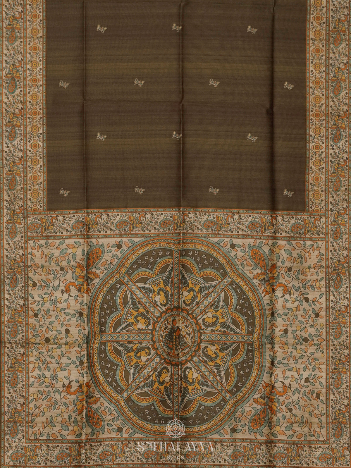 Olive Green Printed Madhubani Saree