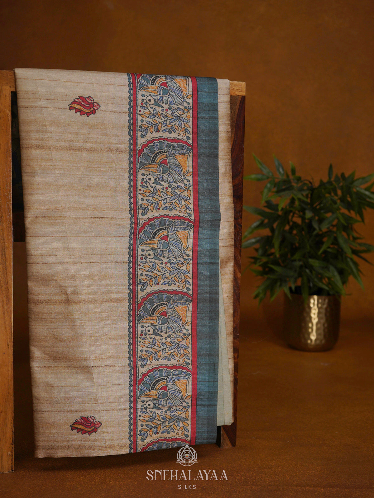 Beige with Grey Border Printed Madhubani Saree