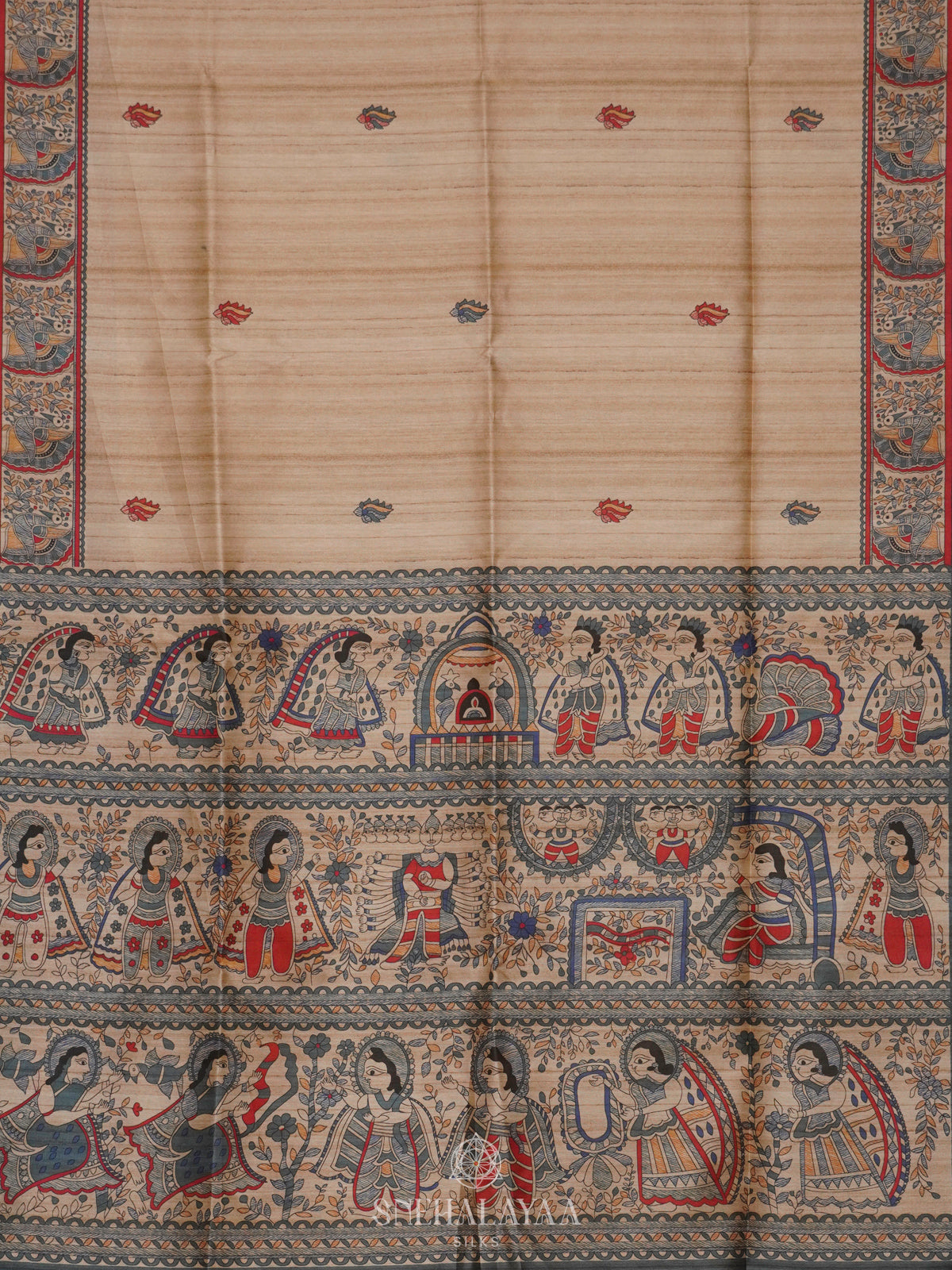 Beige with Grey Border Printed Madhubani Saree