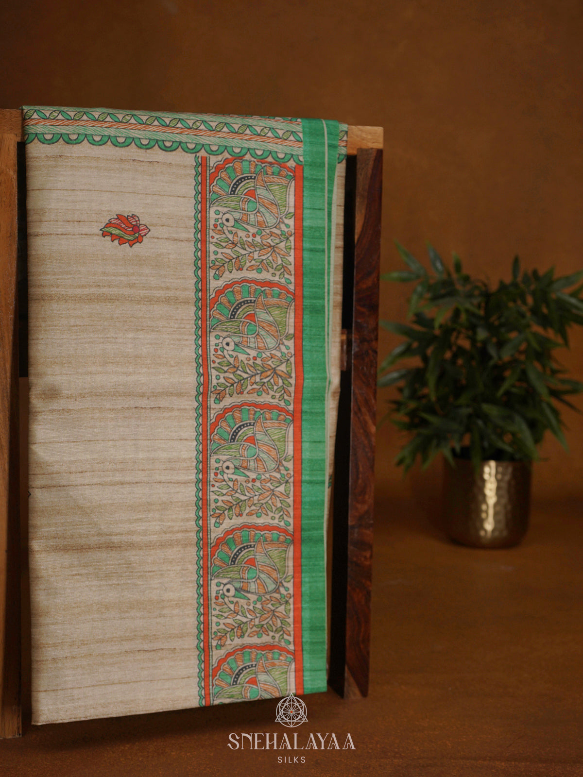 Beige with Green Border Printed Madhubani Saree