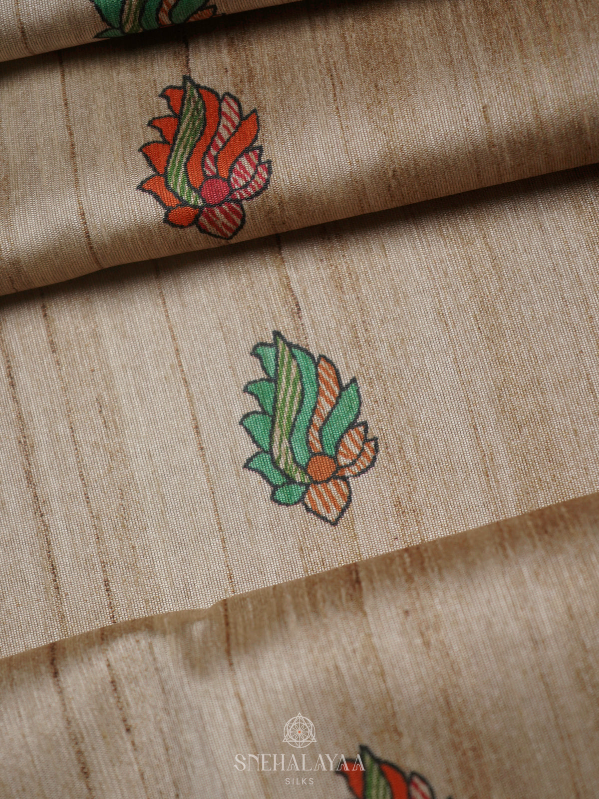 Beige with Green Border Printed Madhubani Saree
