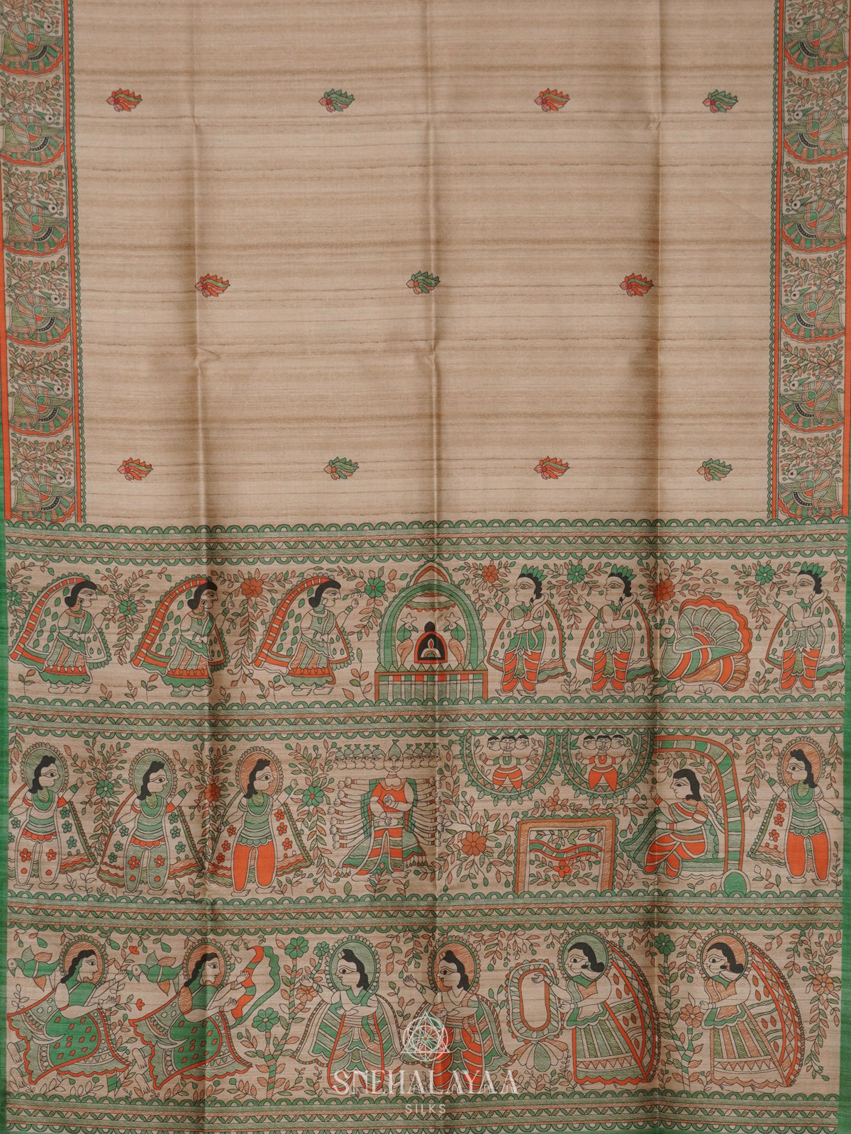 Beige with Green Border Printed Madhubani Saree