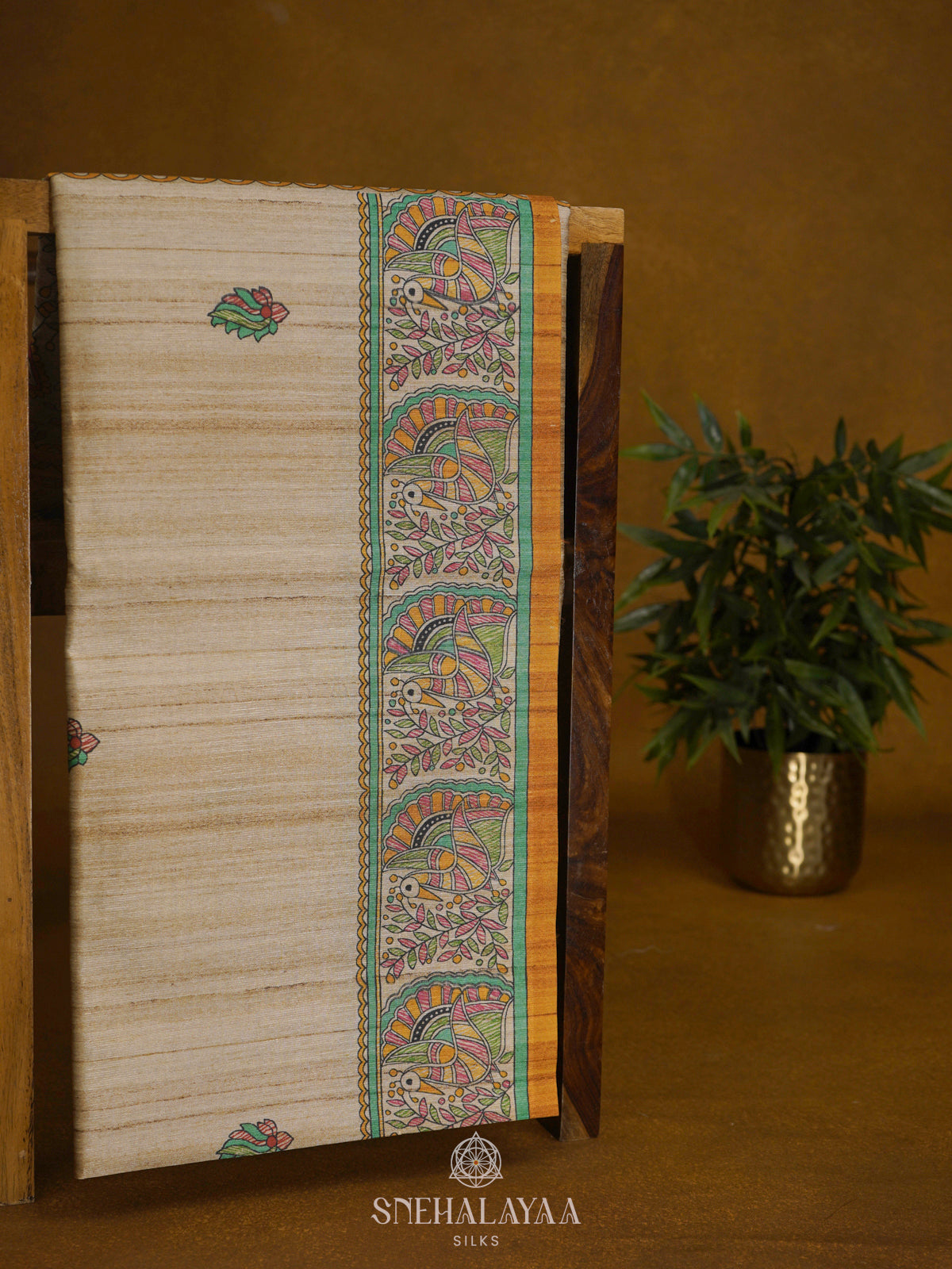 Beige with Yellow Border Printed Madhubani Saree