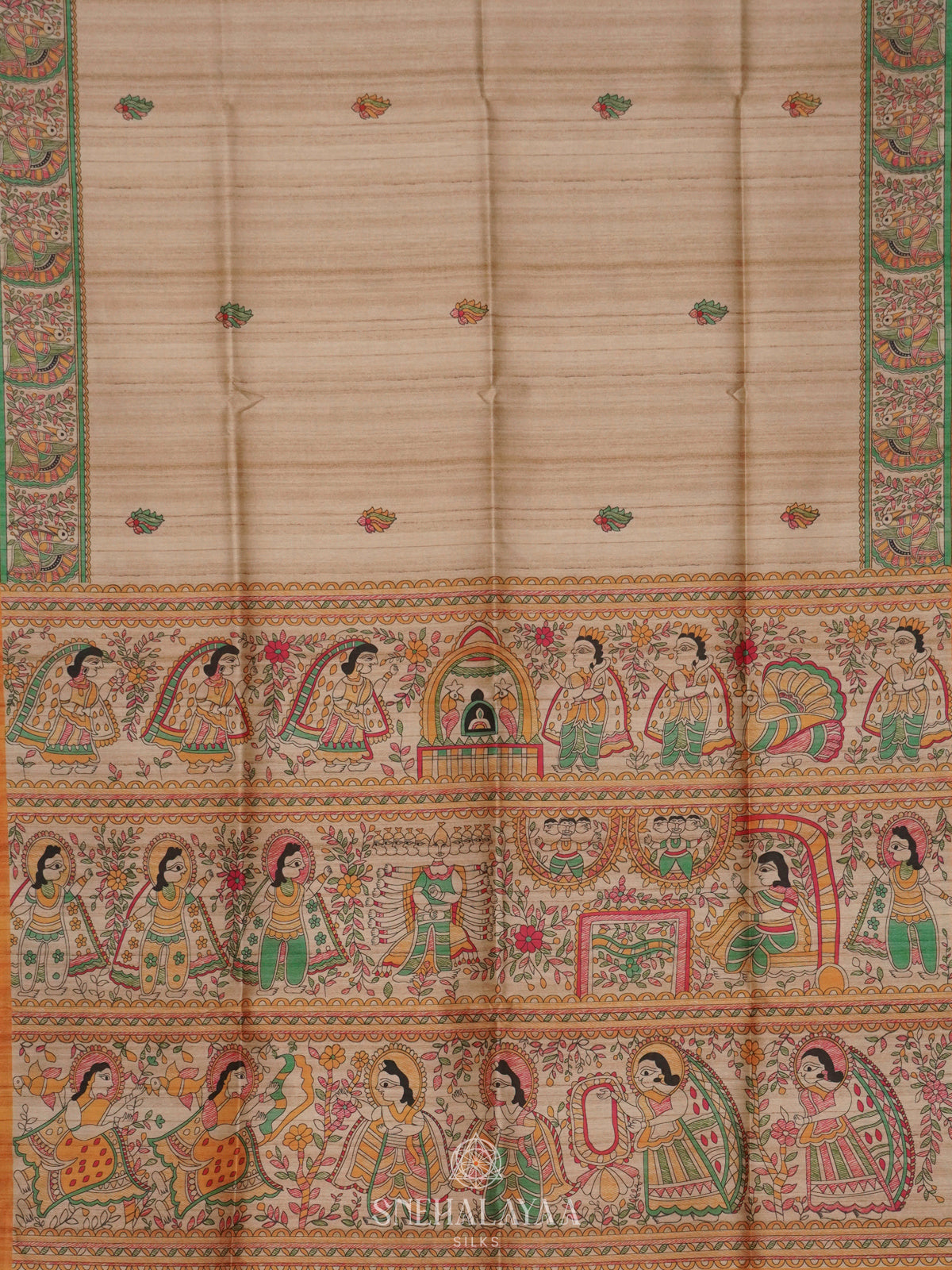 Beige with Yellow Border Printed Madhubani Saree