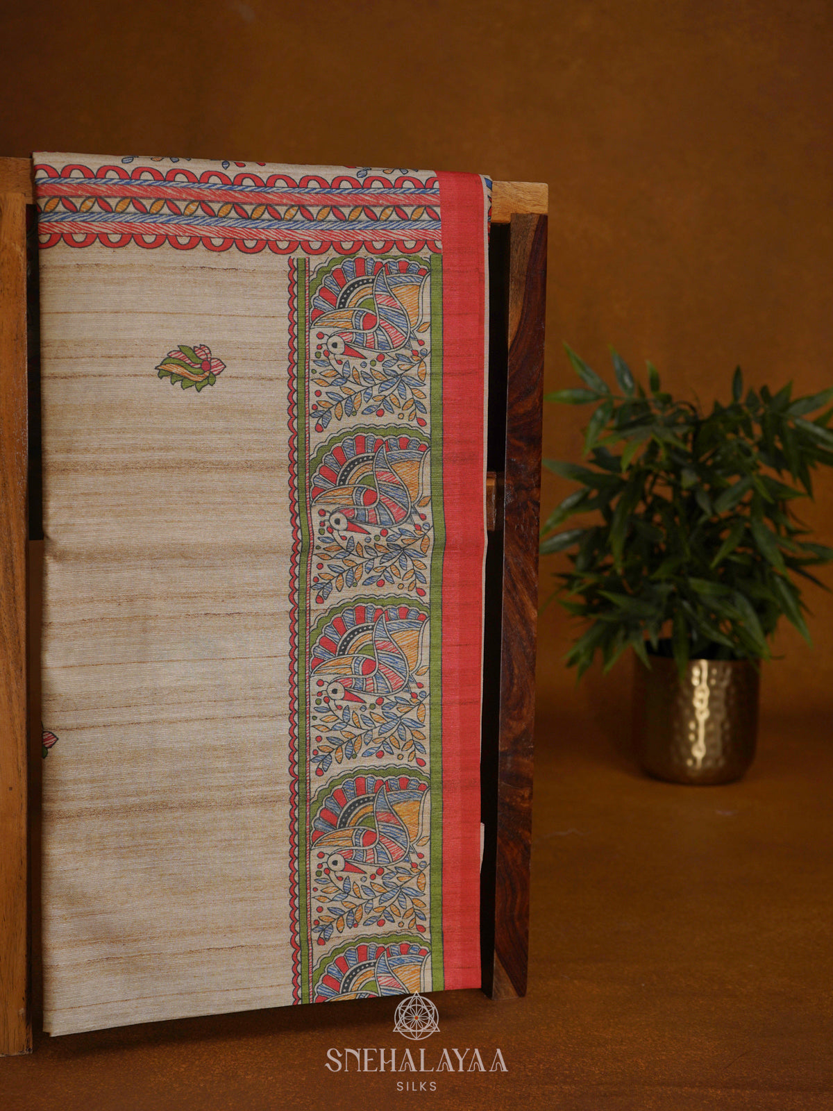 Beige with Red Border Printed Madhubani Saree