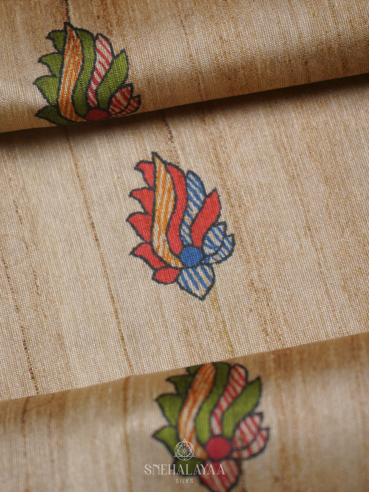 Beige with Red Border Printed Madhubani Saree