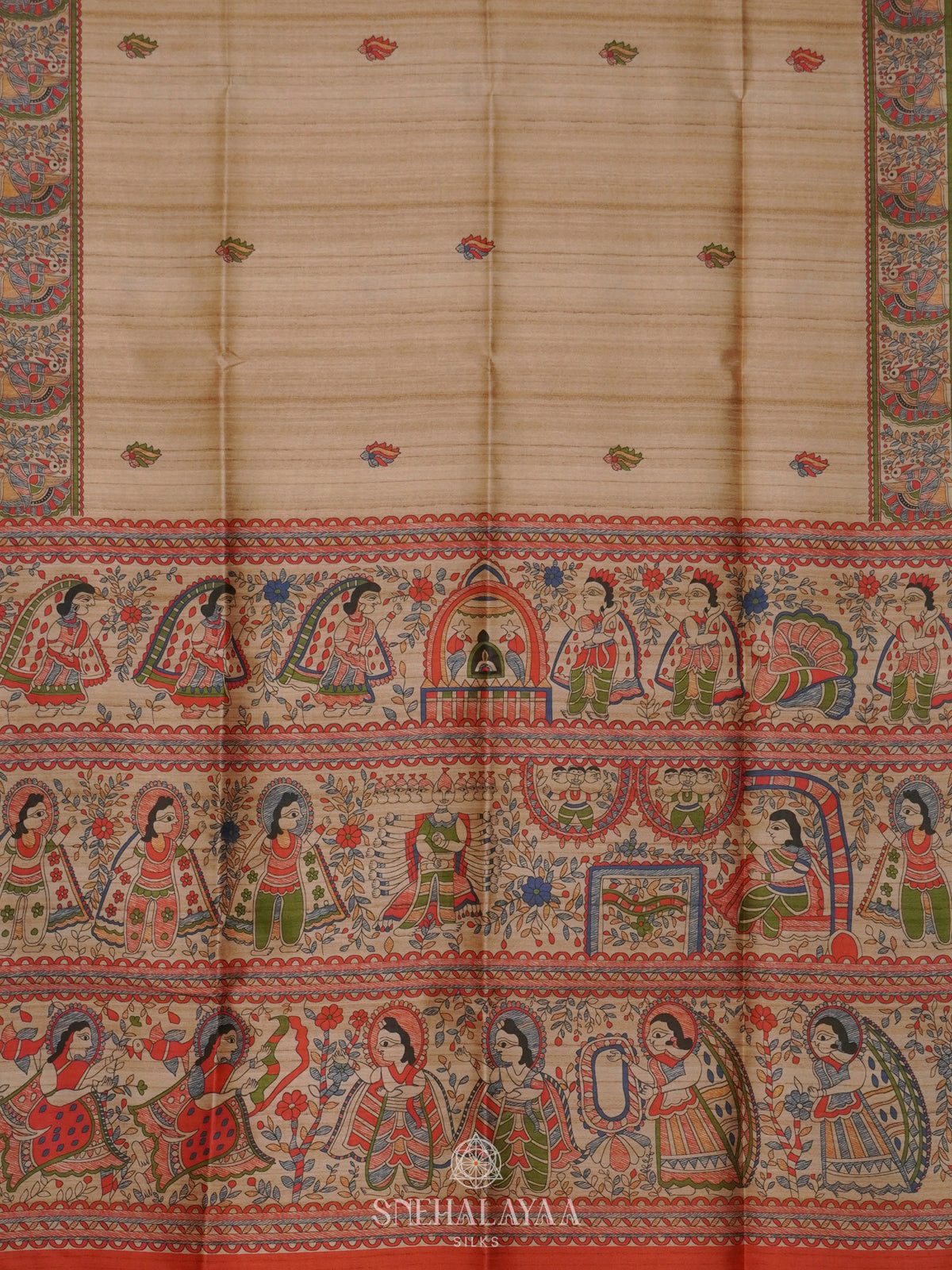 Beige with Red Border Printed Madhubani Saree