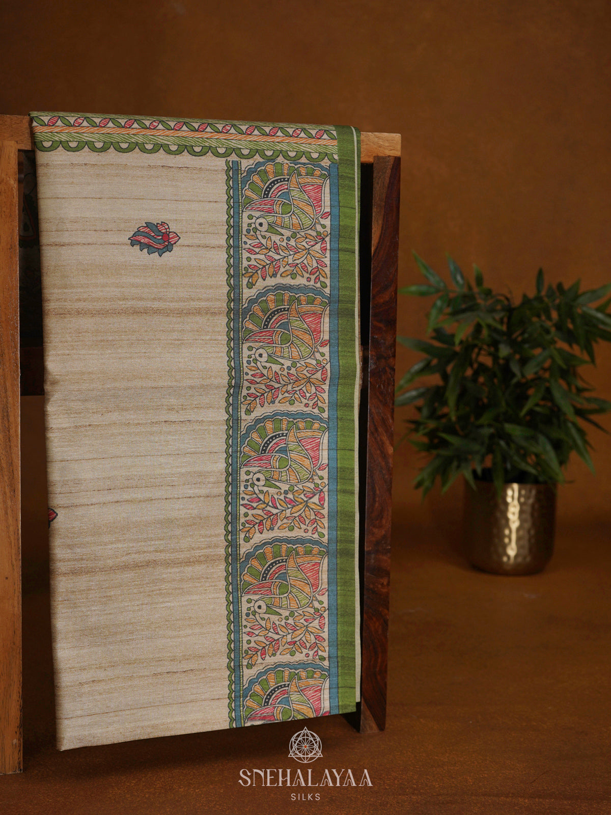 Beige with Green Border Printed Madhubani Saree