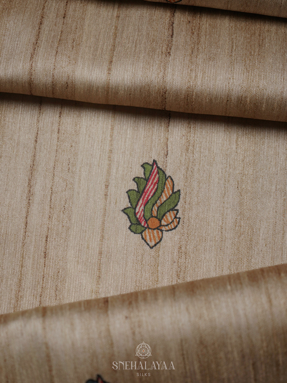 Beige with Green Border Printed Madhubani Saree
