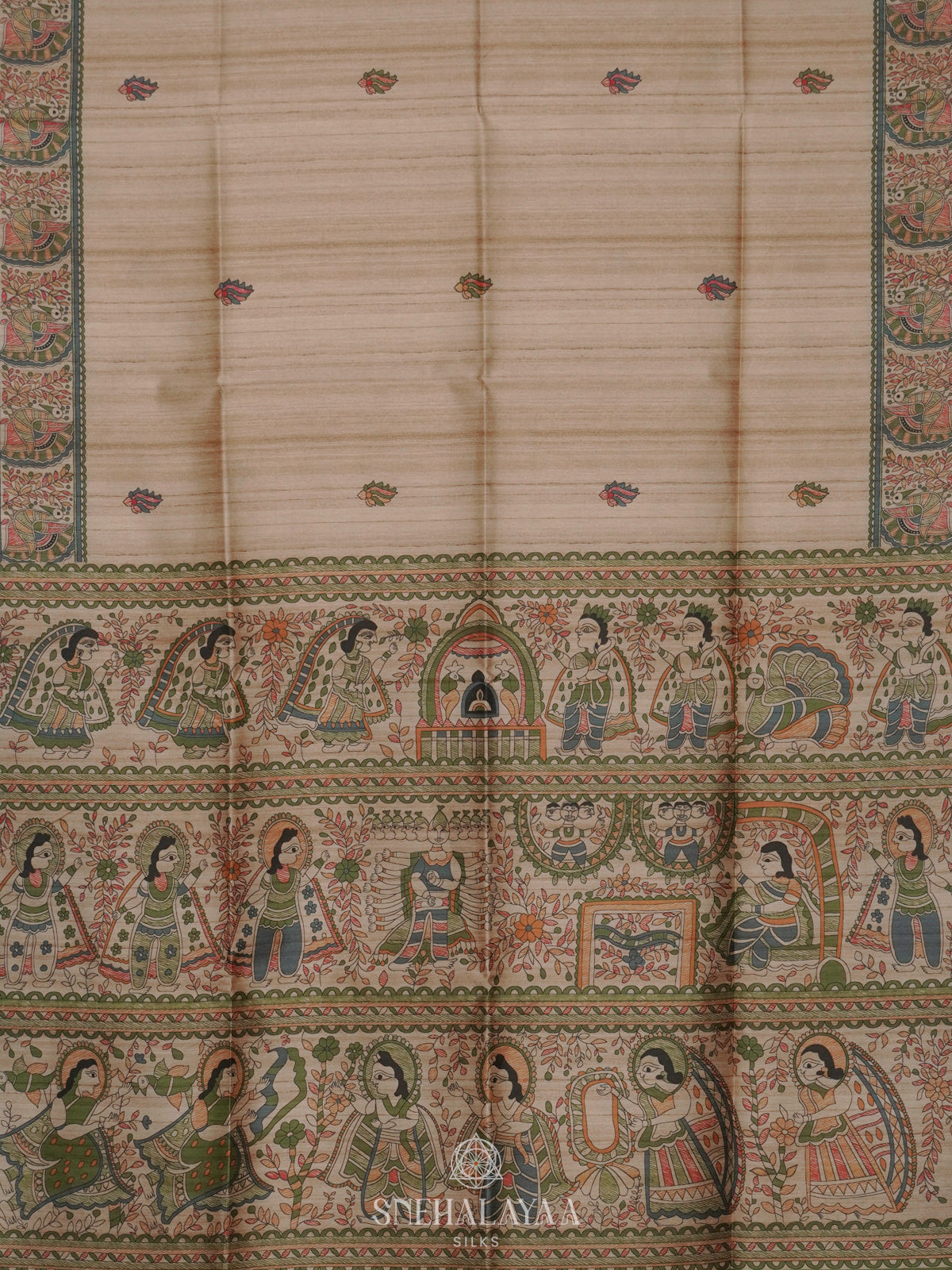 Beige with Green Border Printed Madhubani Saree