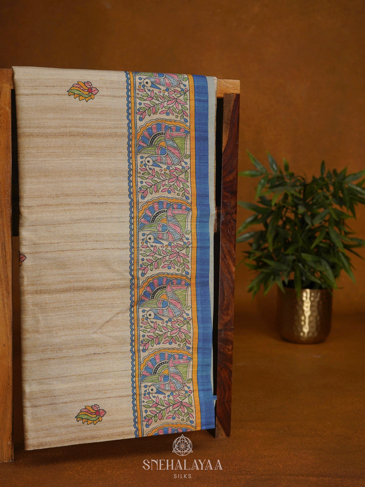 Beige with Blue Border Printed Madhubani Saree