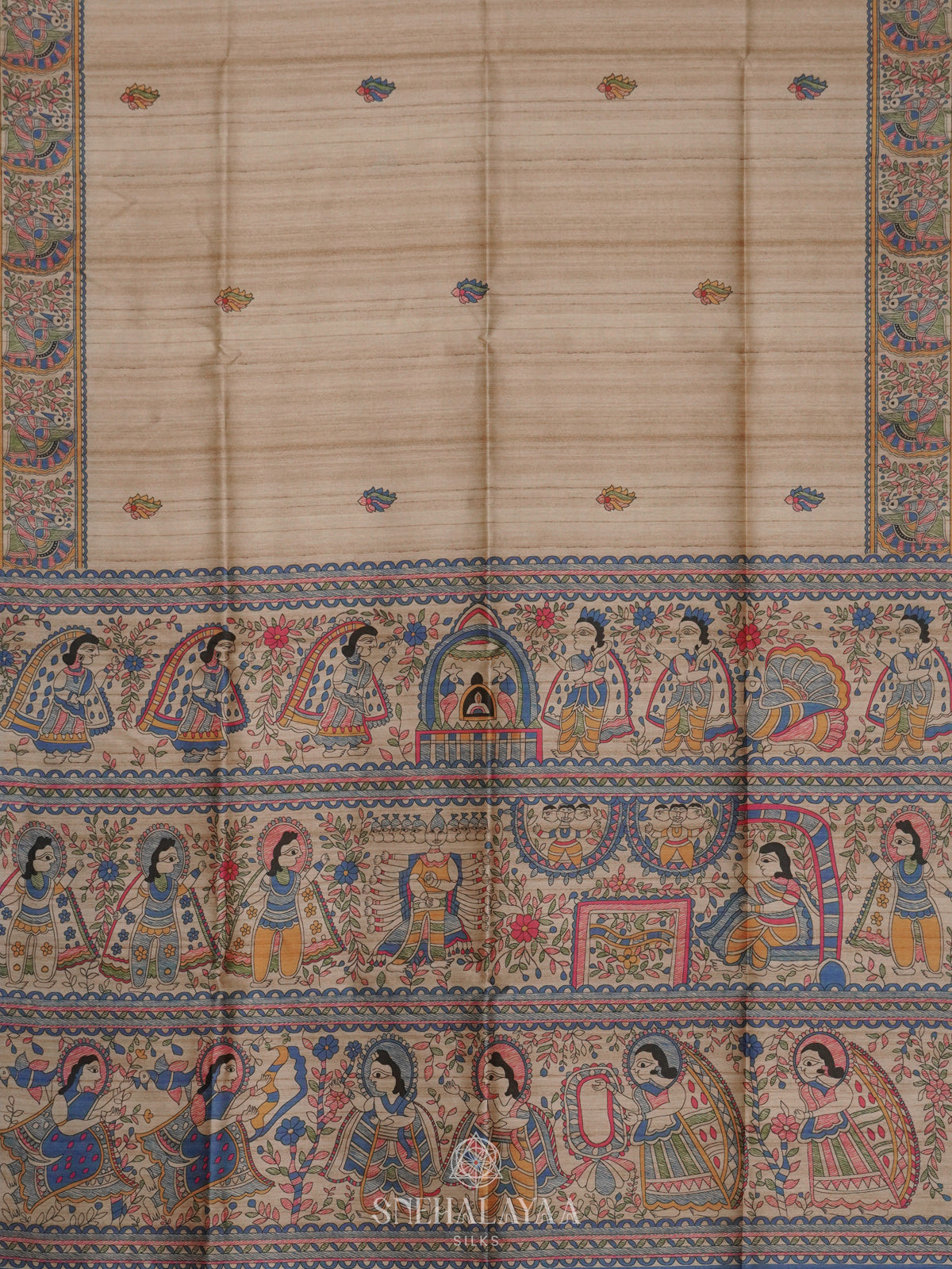 Beige with Blue Border Printed Madhubani Saree