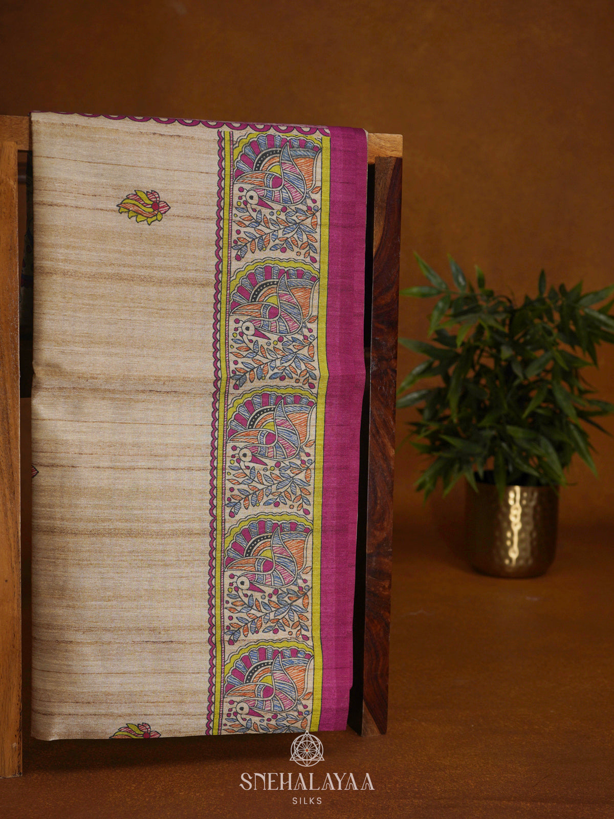 Beige with Magenta Border Printed Madhubani Saree