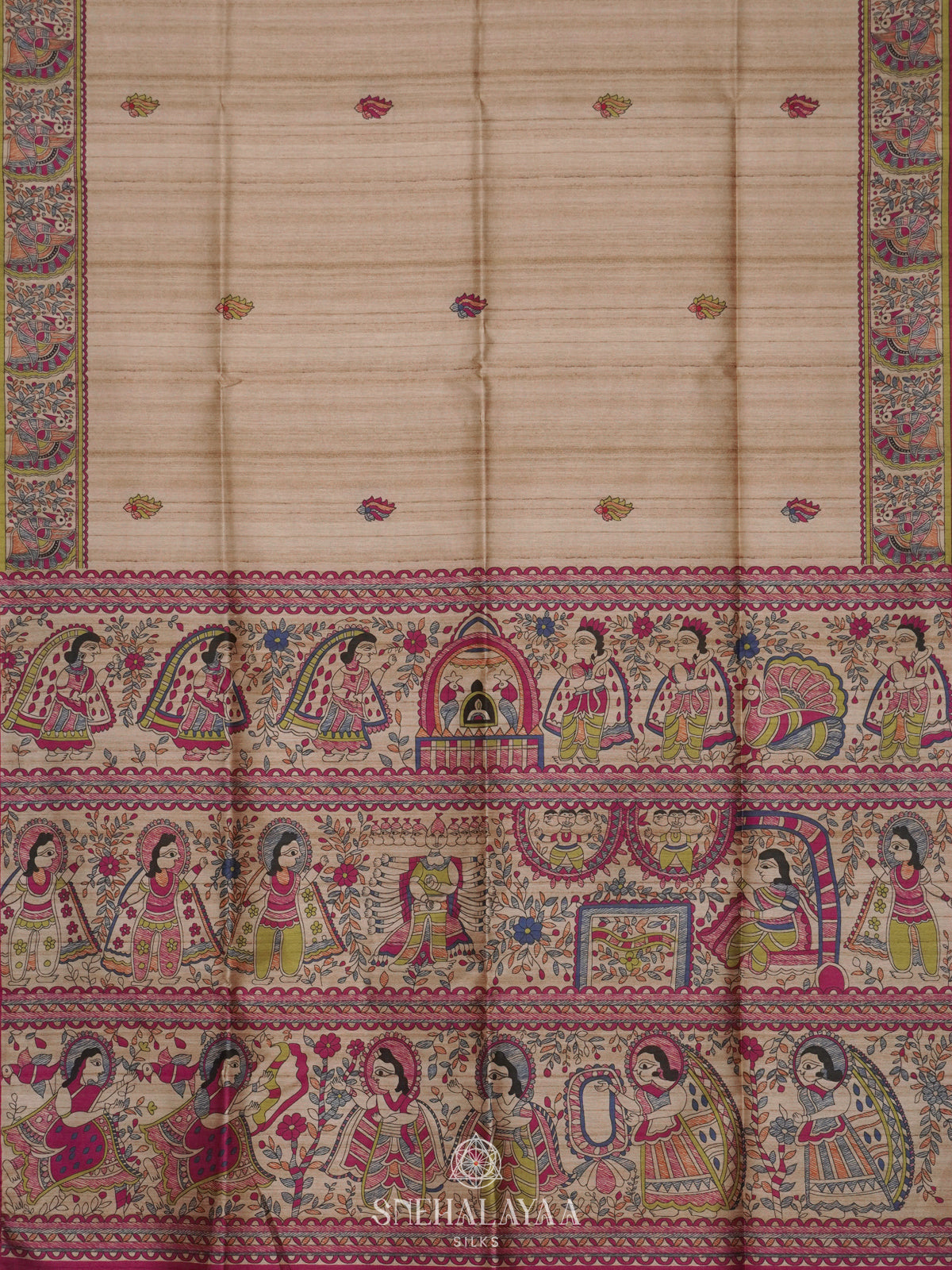 Beige with Magenta Border Printed Madhubani Saree