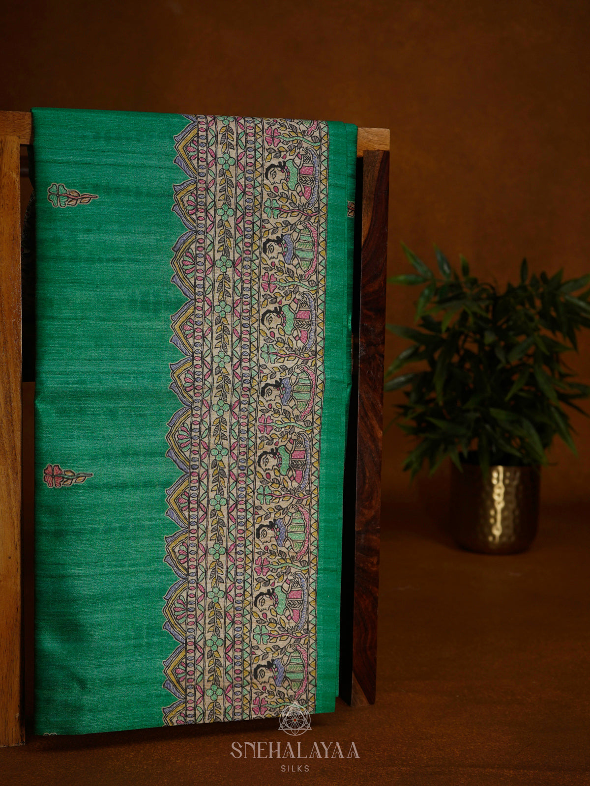 Teal Green Printed Madhubani Saree
