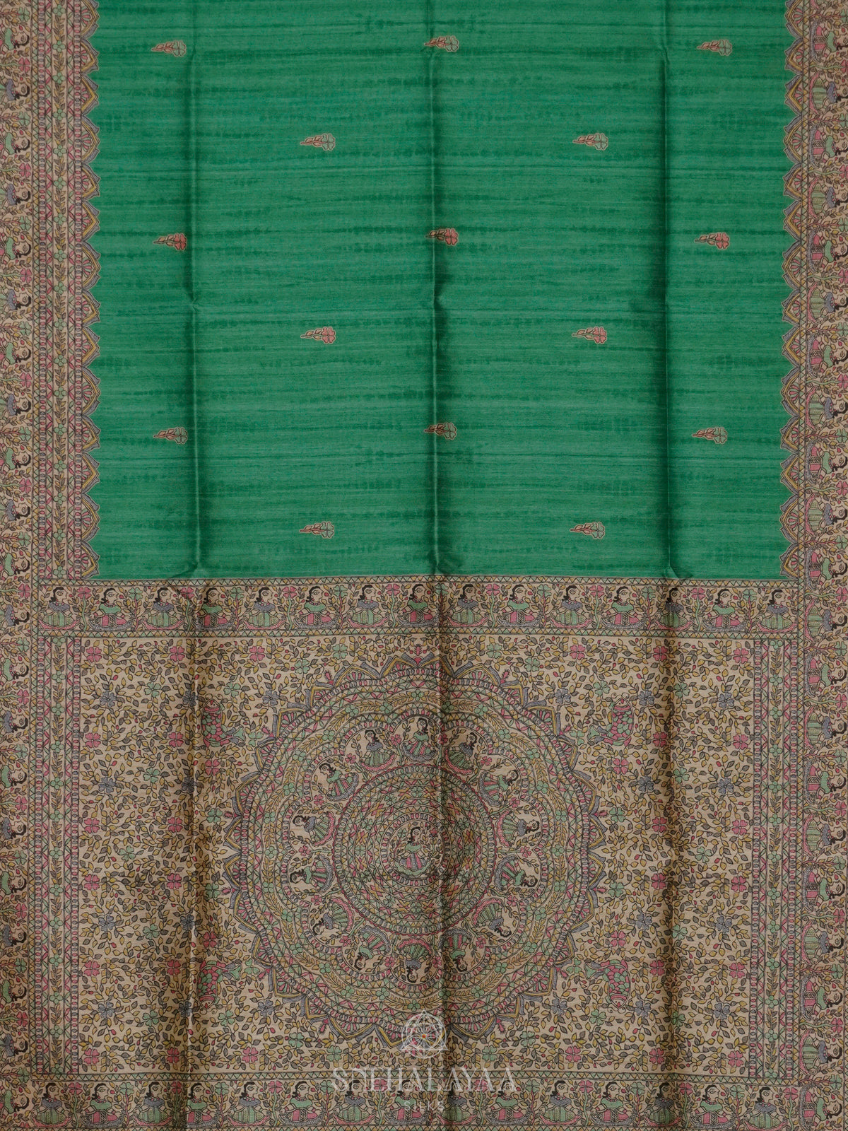 Teal Green Printed Madhubani Saree