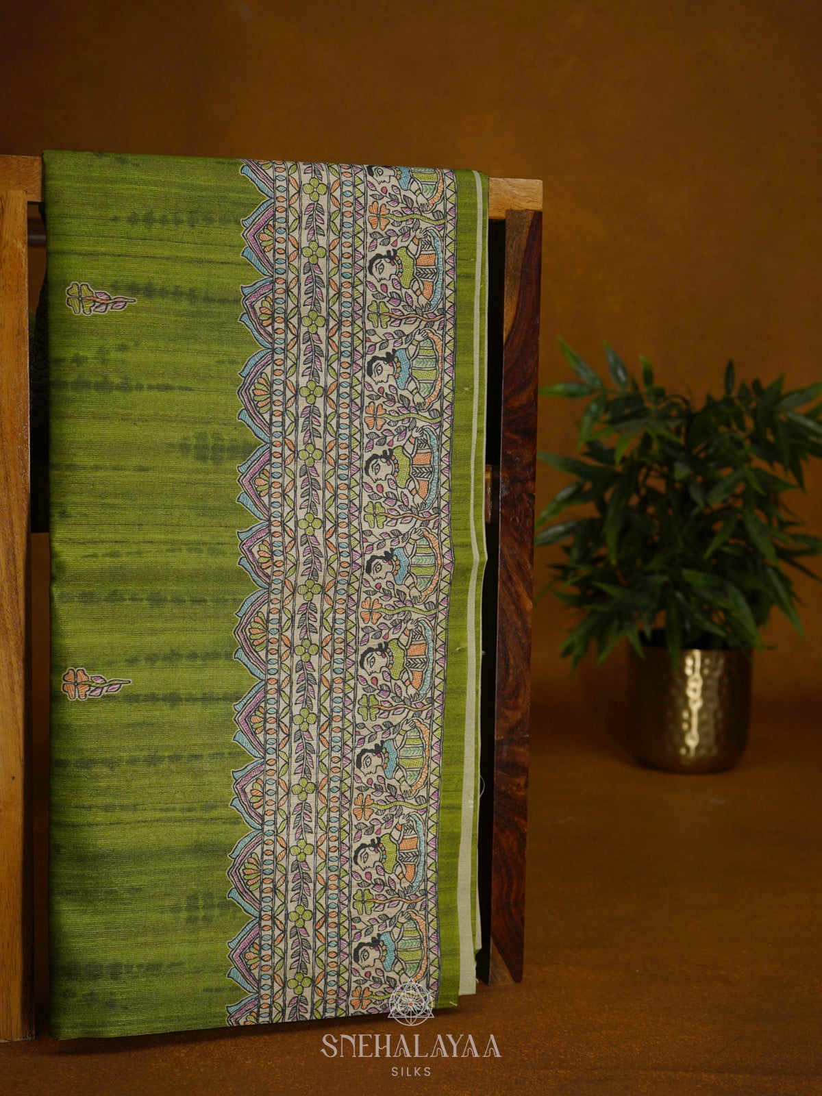 Lime Green Printed Madhubani Saree