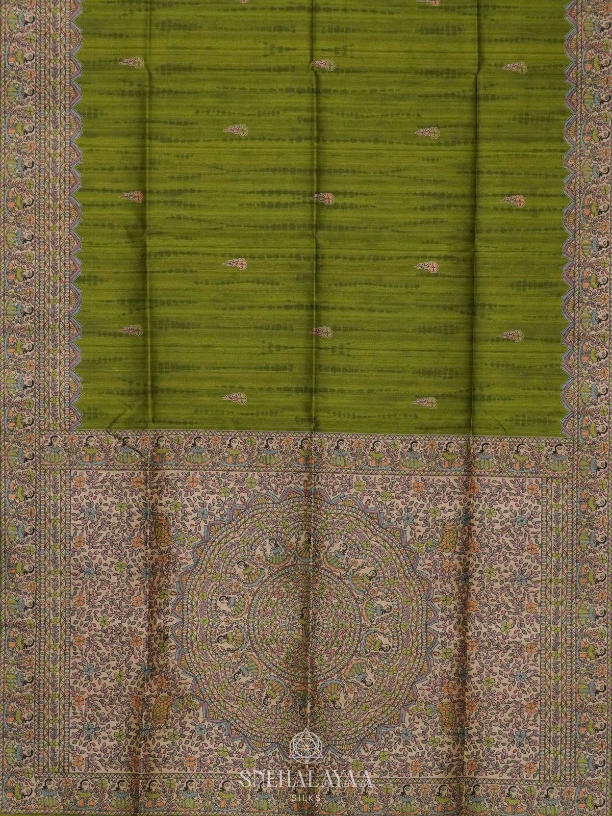 Lime Green Printed Madhubani Saree