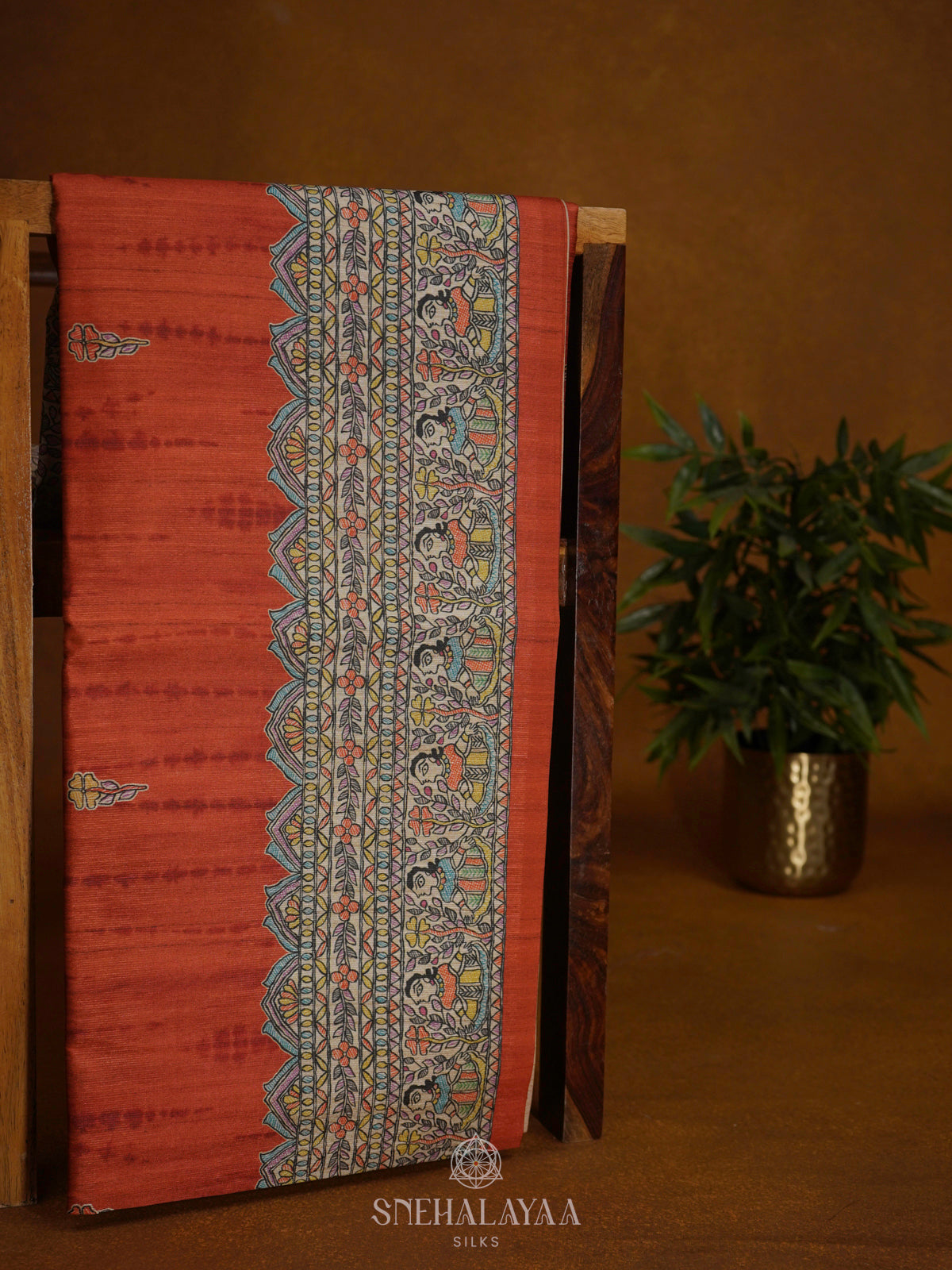 Rust Orange Printed Madhubani Saree