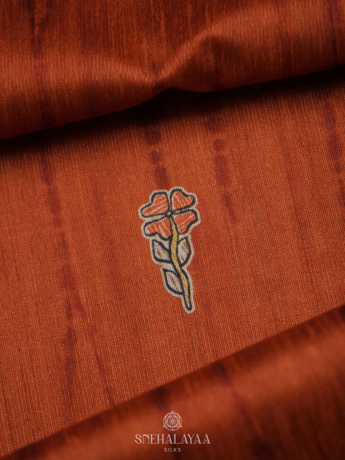 Rust Orange Printed Madhubani Saree
