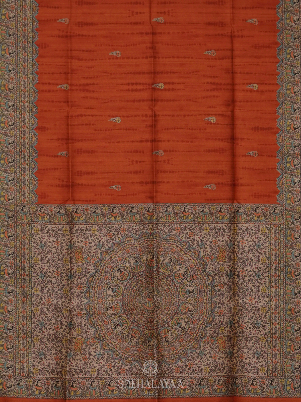 Rust Orange Printed Madhubani Saree