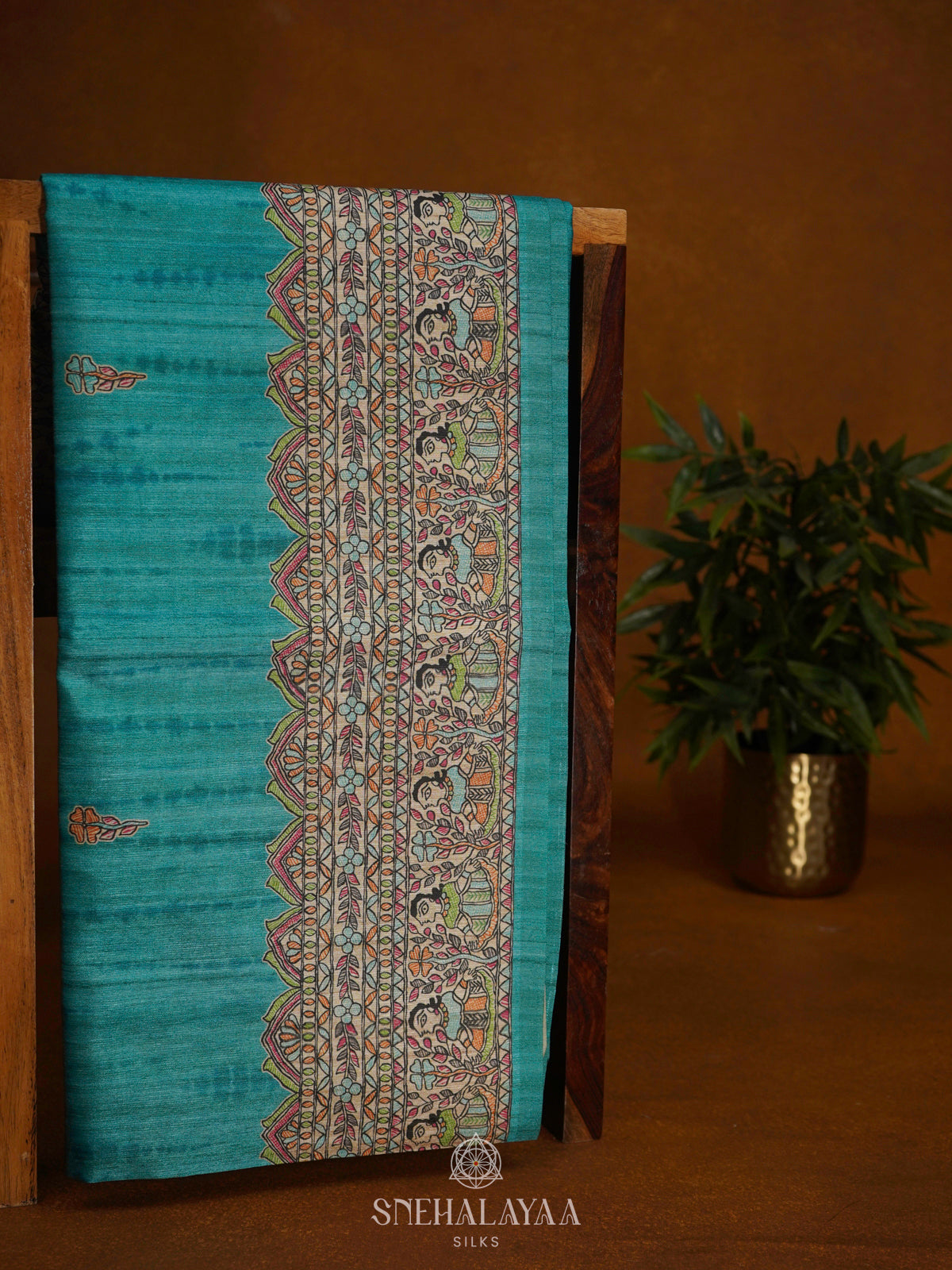 Peacock Blue Printed Madhubani Saree