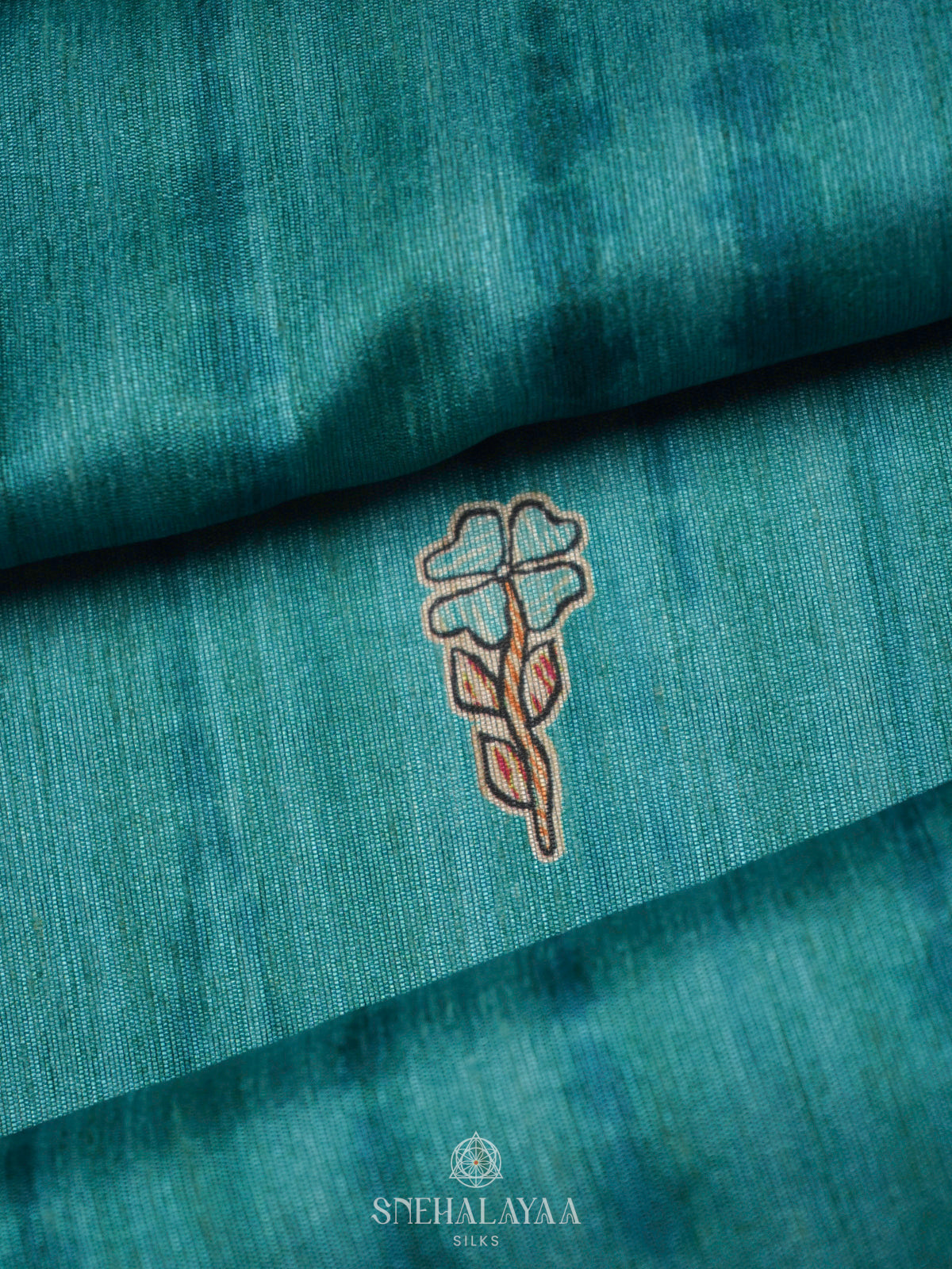 Peacock Blue Printed Madhubani Saree