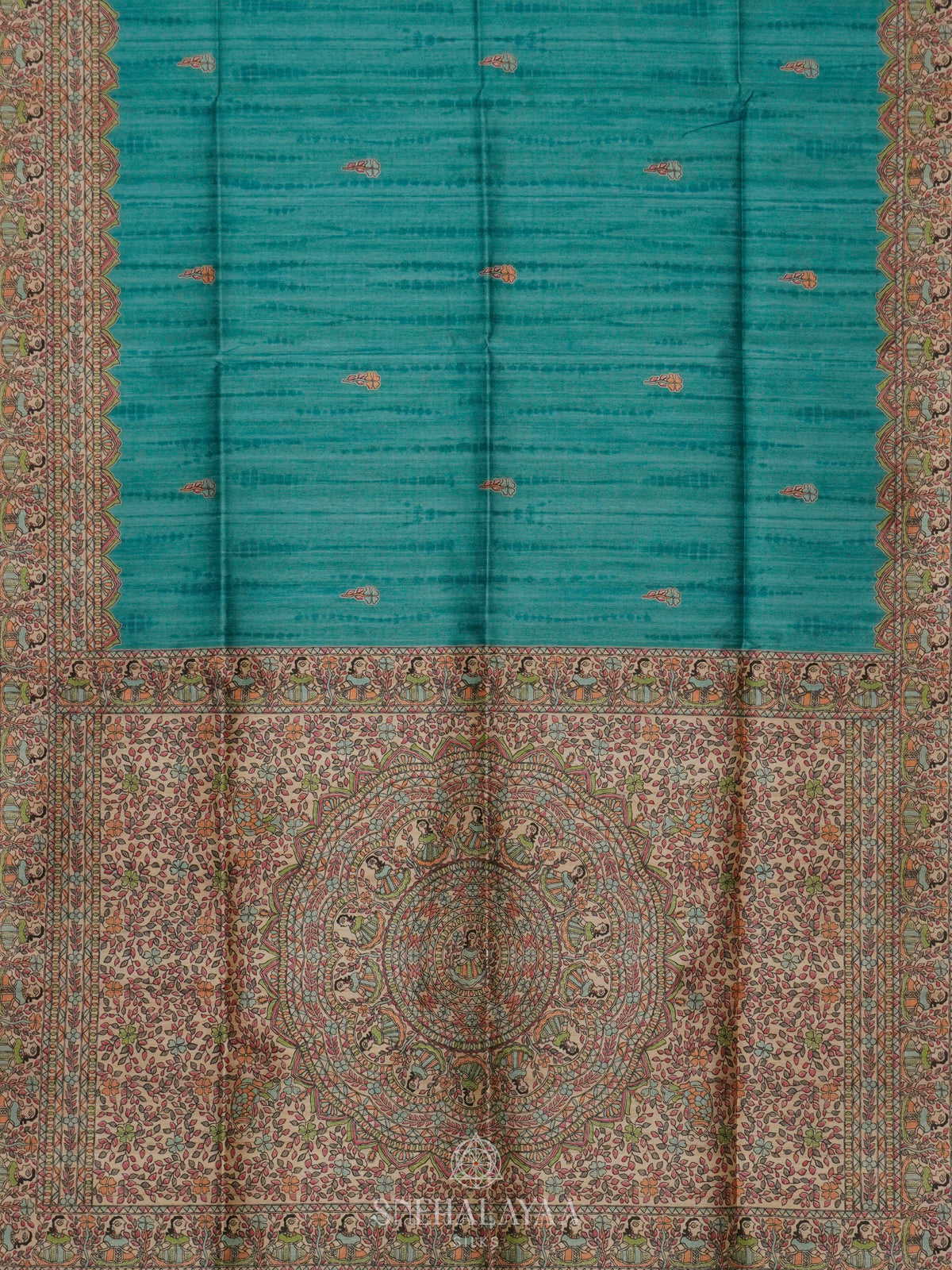 Peacock Blue Printed Madhubani Saree