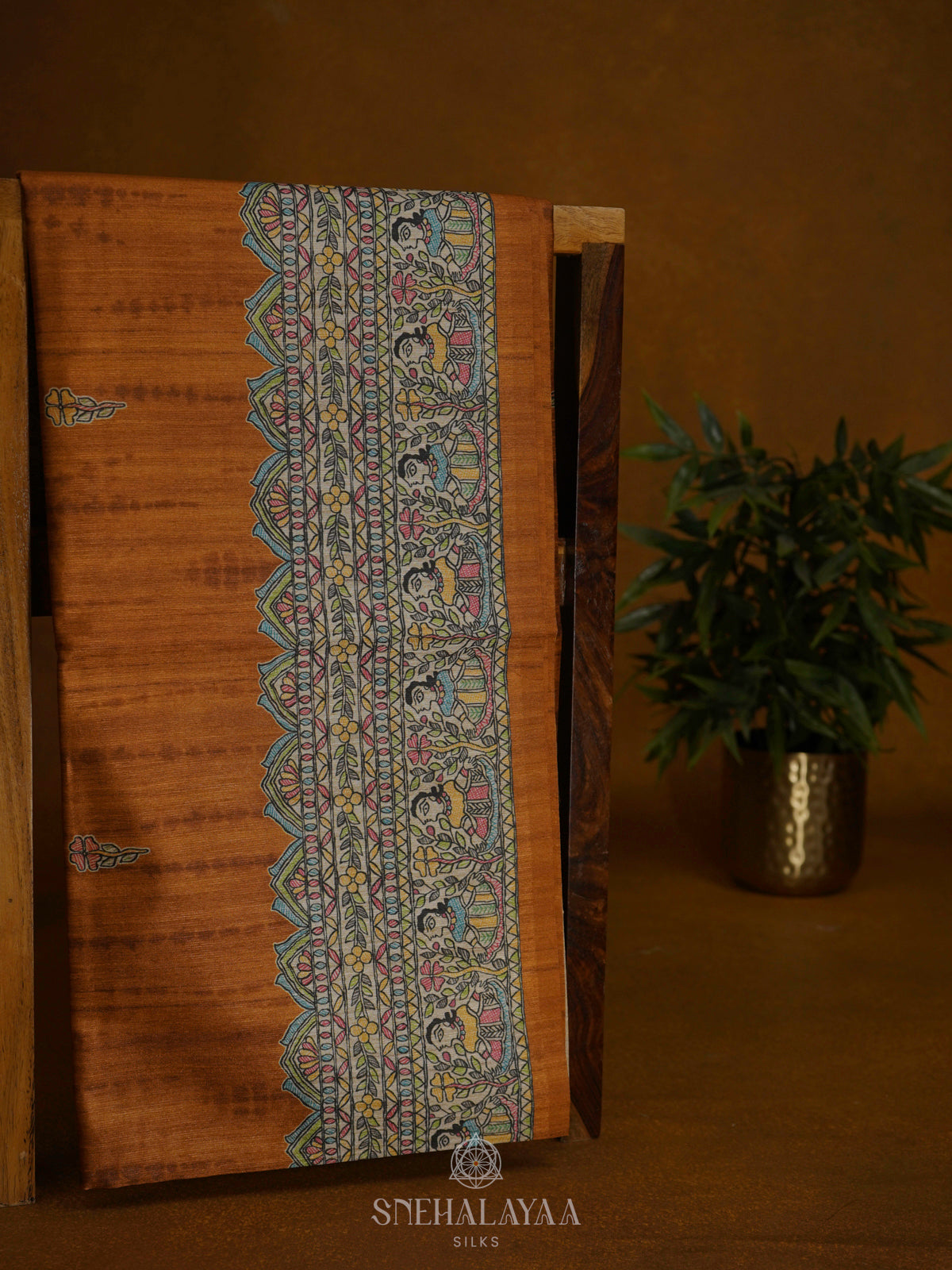 Orange Printed Madhubani Saree