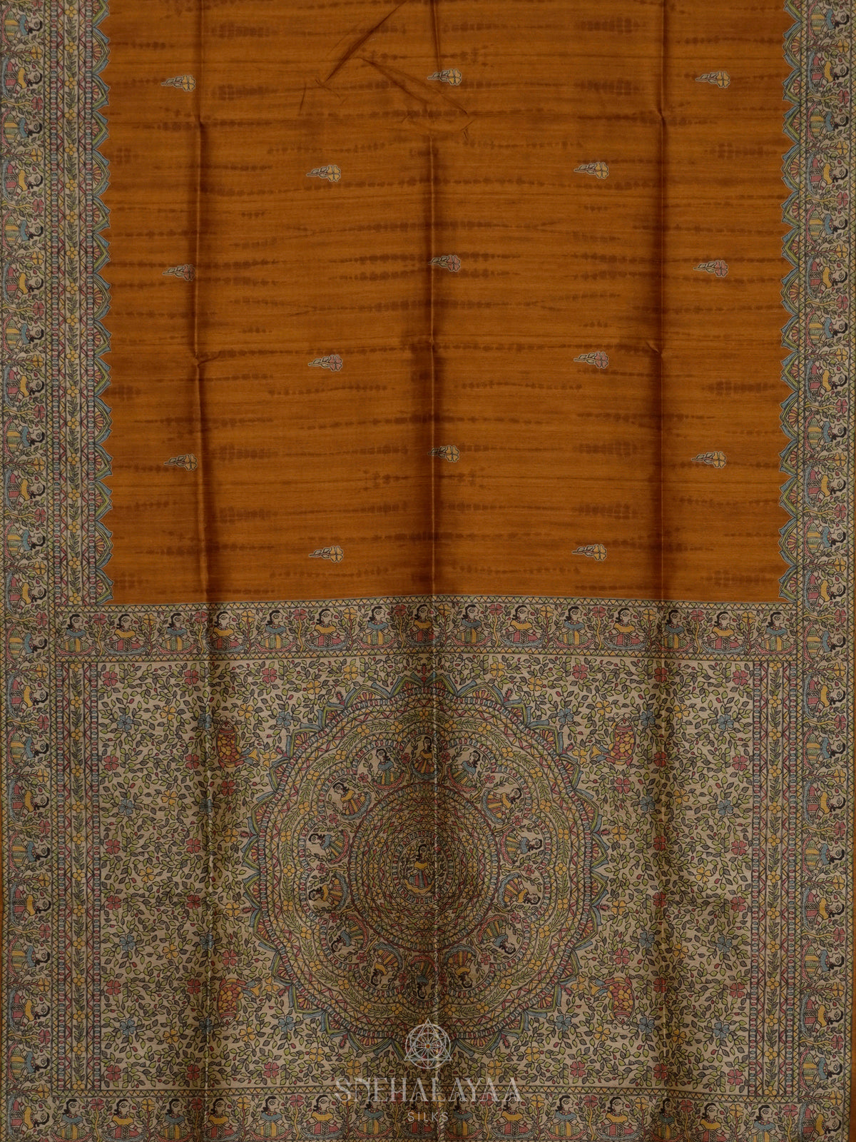 Orange Printed Madhubani Saree