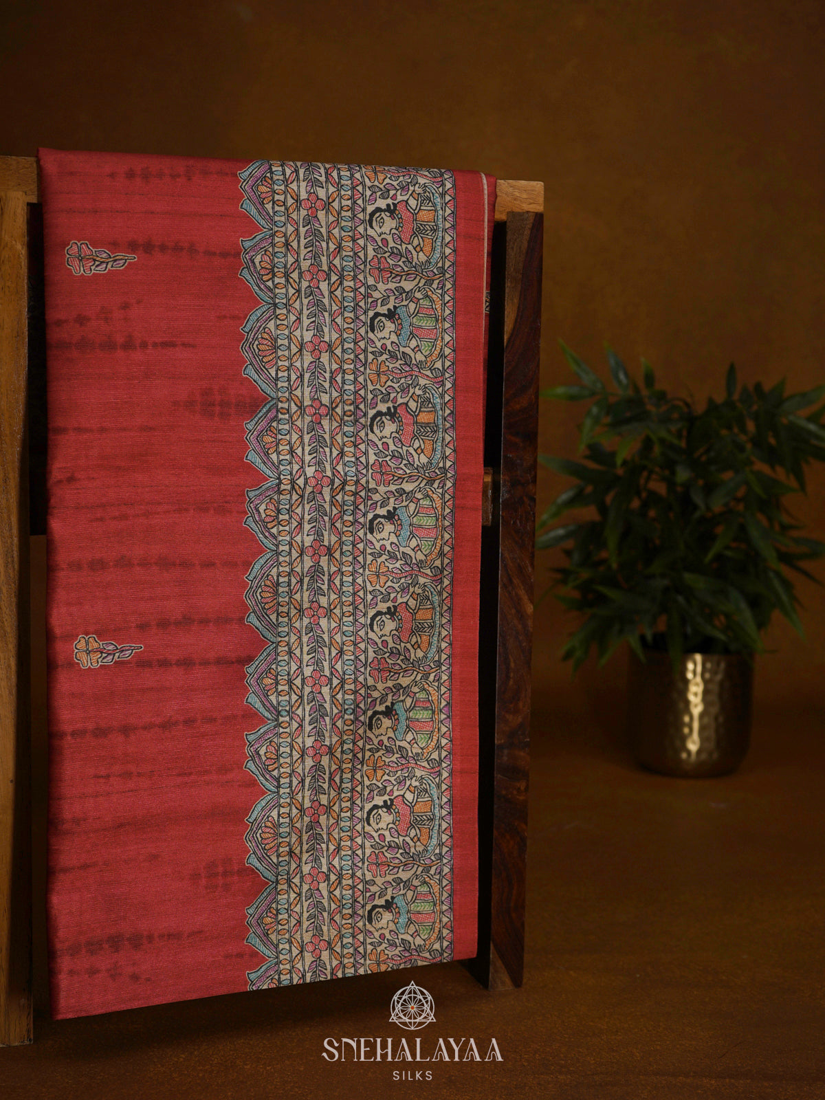 Red Printed Madhubani Saree