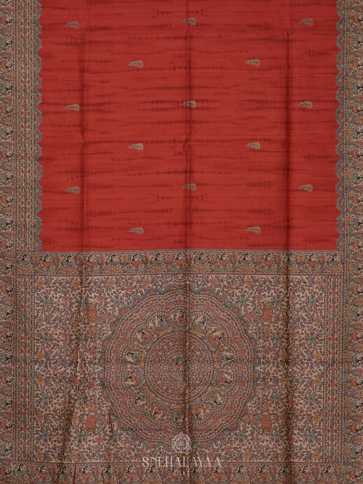 Red Printed Madhubani Saree