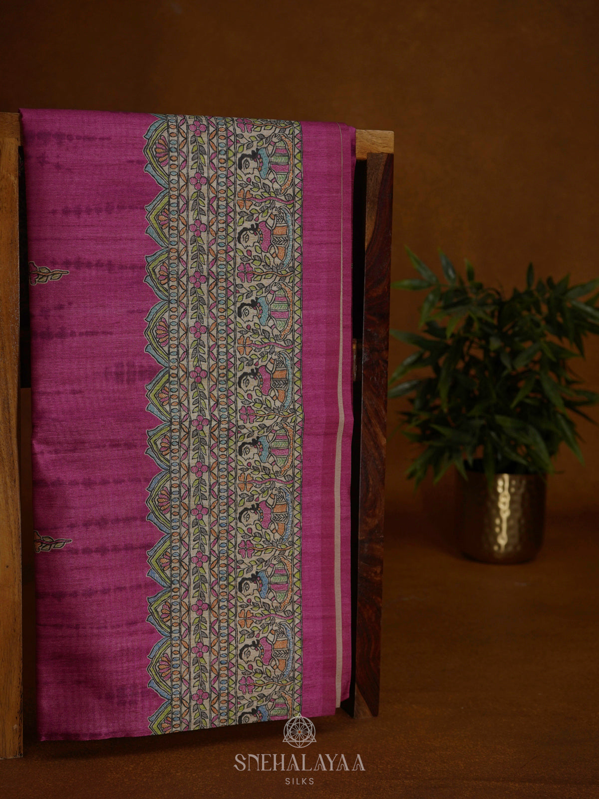 Magenta Pink Printed Madhubani Saree