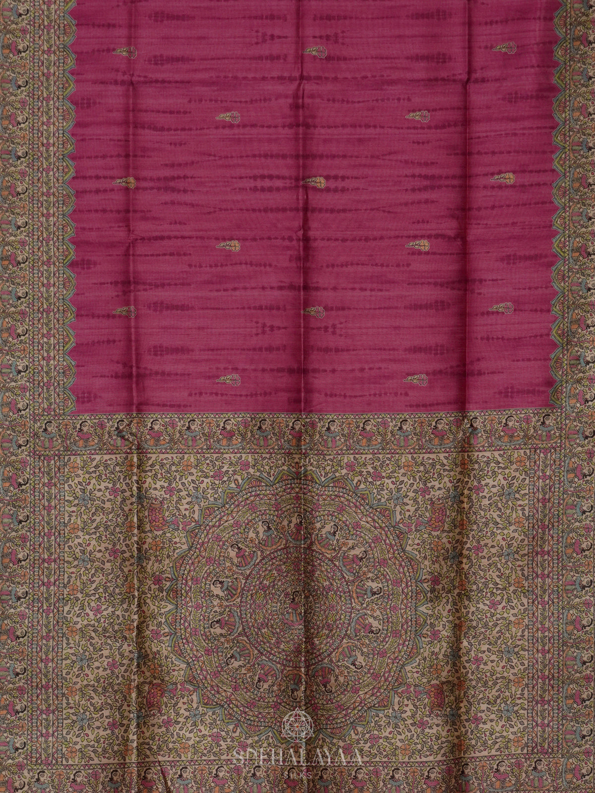 Magenta Pink Printed Madhubani Saree