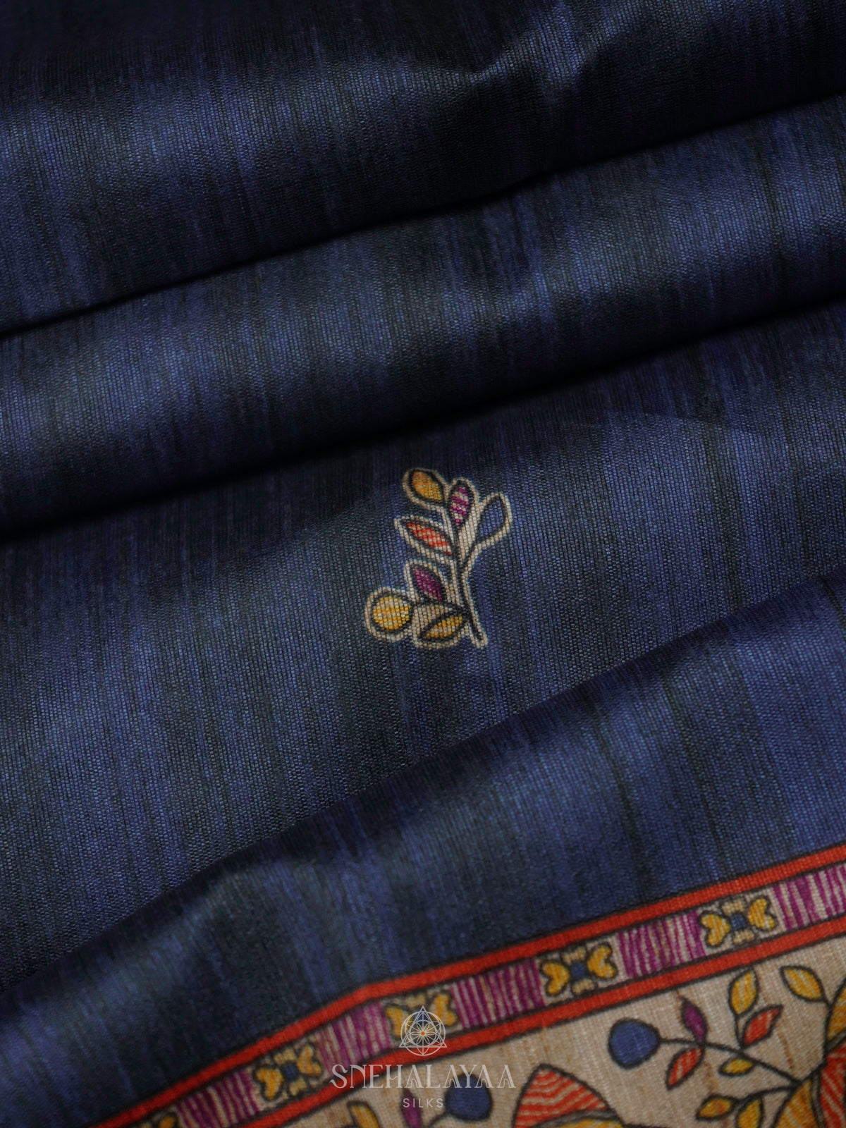 Navy Blue Printed Madhubani Saree