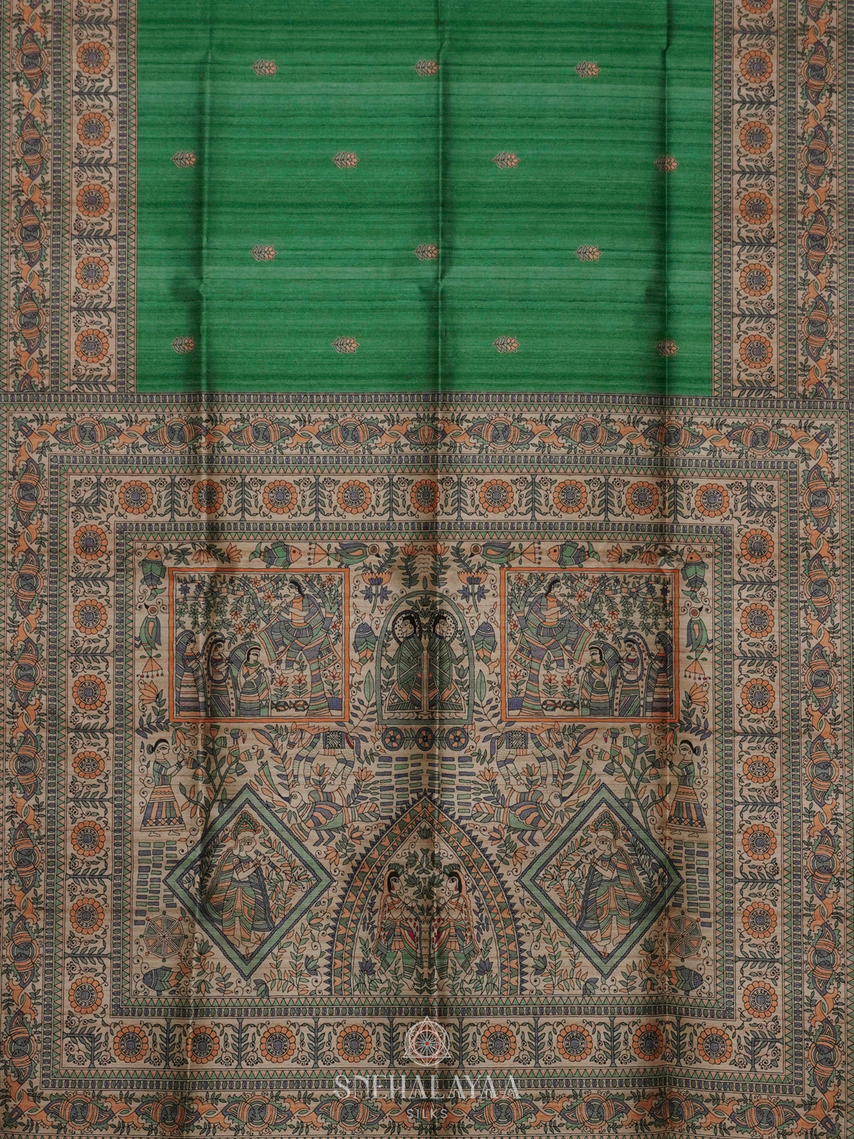 Green Printed Madhubani Saree