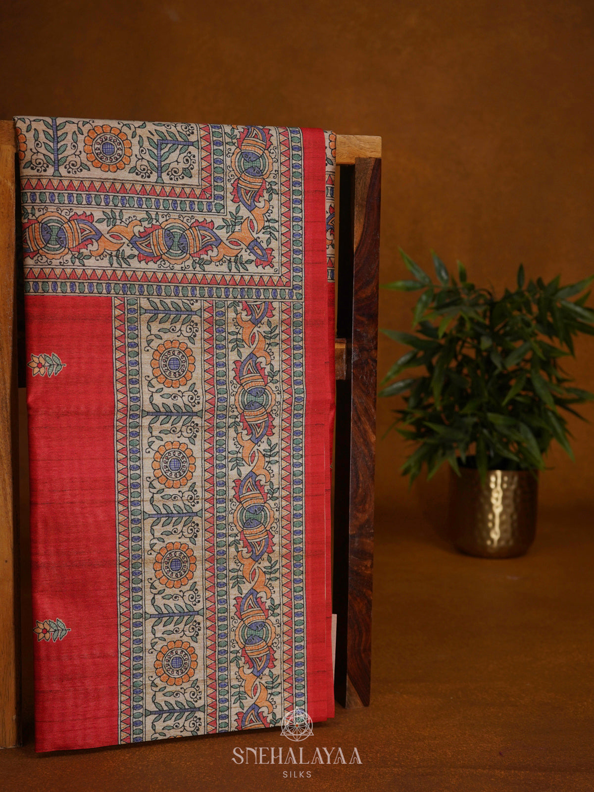 Red Printed Madhubani Saree